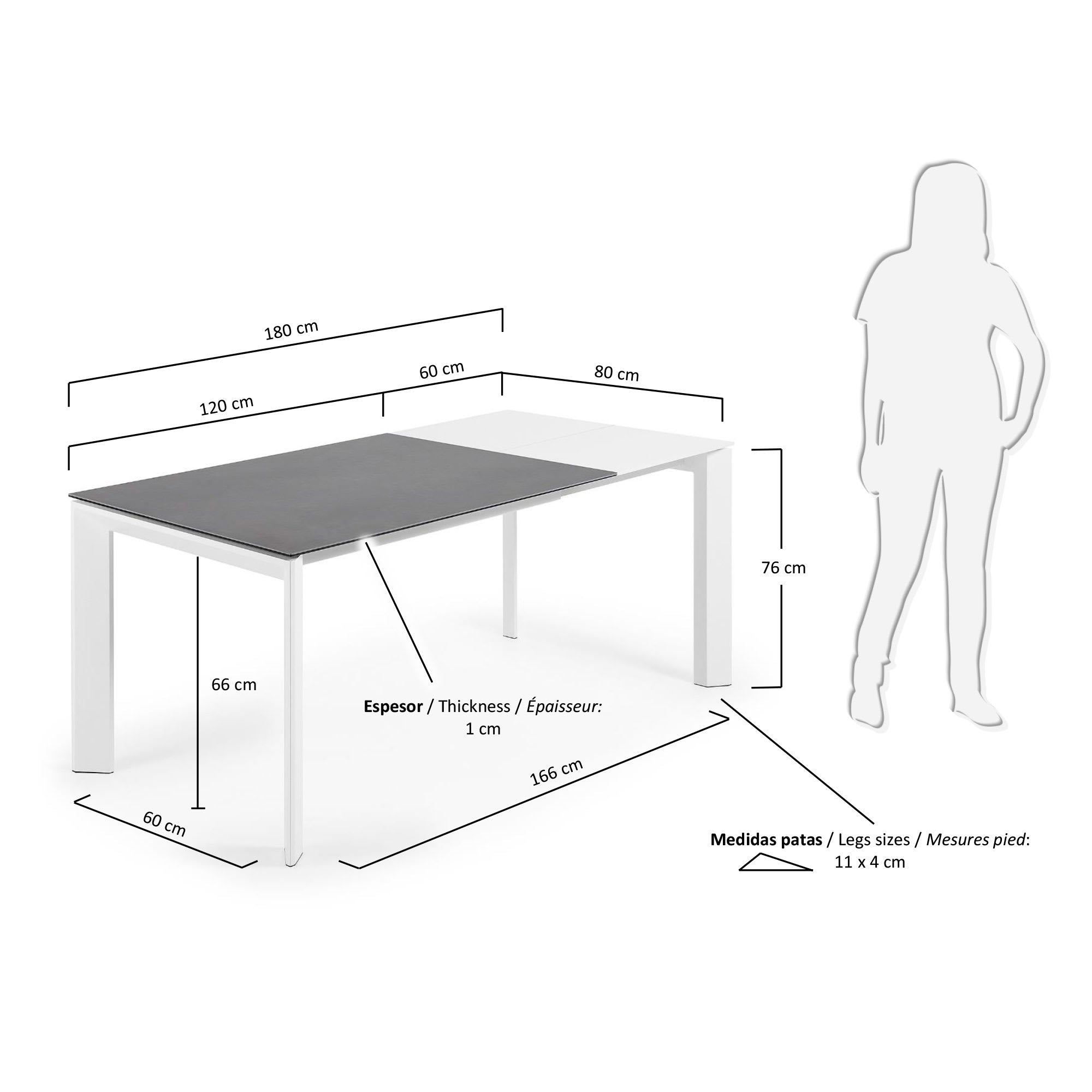 Eleganter Axis Ausziehtisch mit robuster Vulcano Roca Keramikplatte und weißen Stahlbeinen, ausziehbar von 120 auf 180 cm.