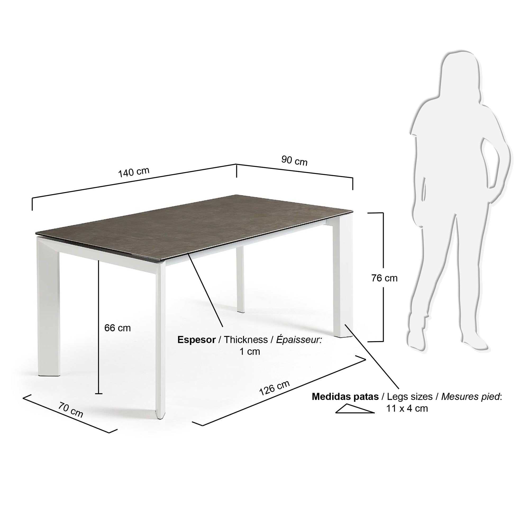 Eleganter Ausziehtisch mit Feinsteinzeug-Oberfläche in Vulcano Ceniza und robusten weißen Stahlbeinen, perfekt für jedes Esszimmer.
