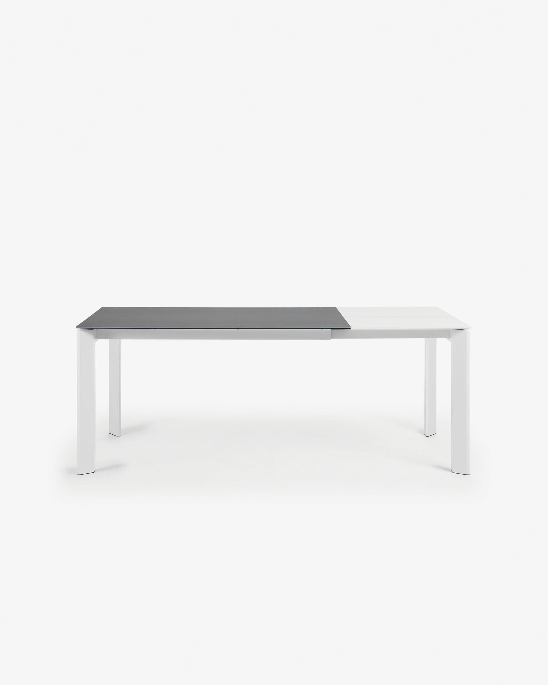 Eleganter Ausziehtisch mit Feinsteinzeugplatte in Vulcano Roca Optik, weiße Beine, 140-200 cm, ideal für modernes Wohnen.
