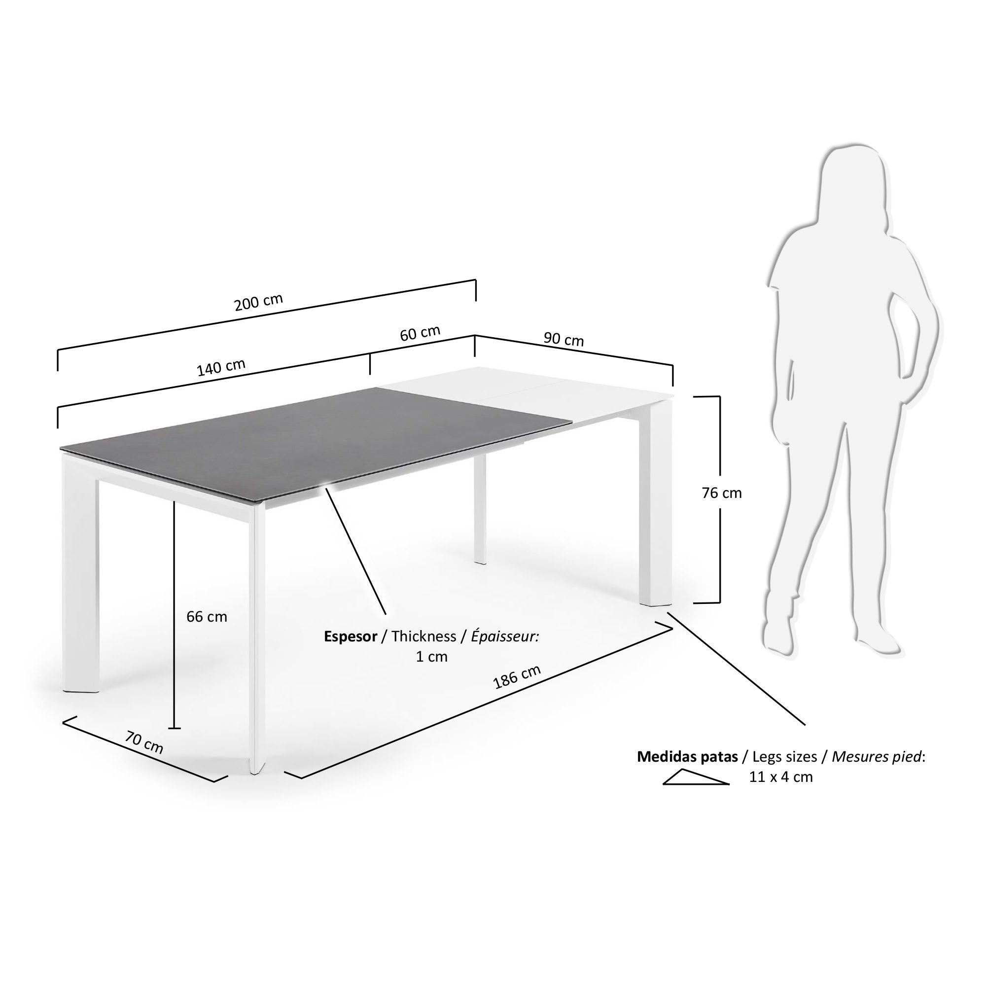 Eleganter Ausziehtisch mit Vulcano Roca Feinsteinzeugplatte und weißen Beinen, 140-200 cm, ideal für moderne Wohnräume.
