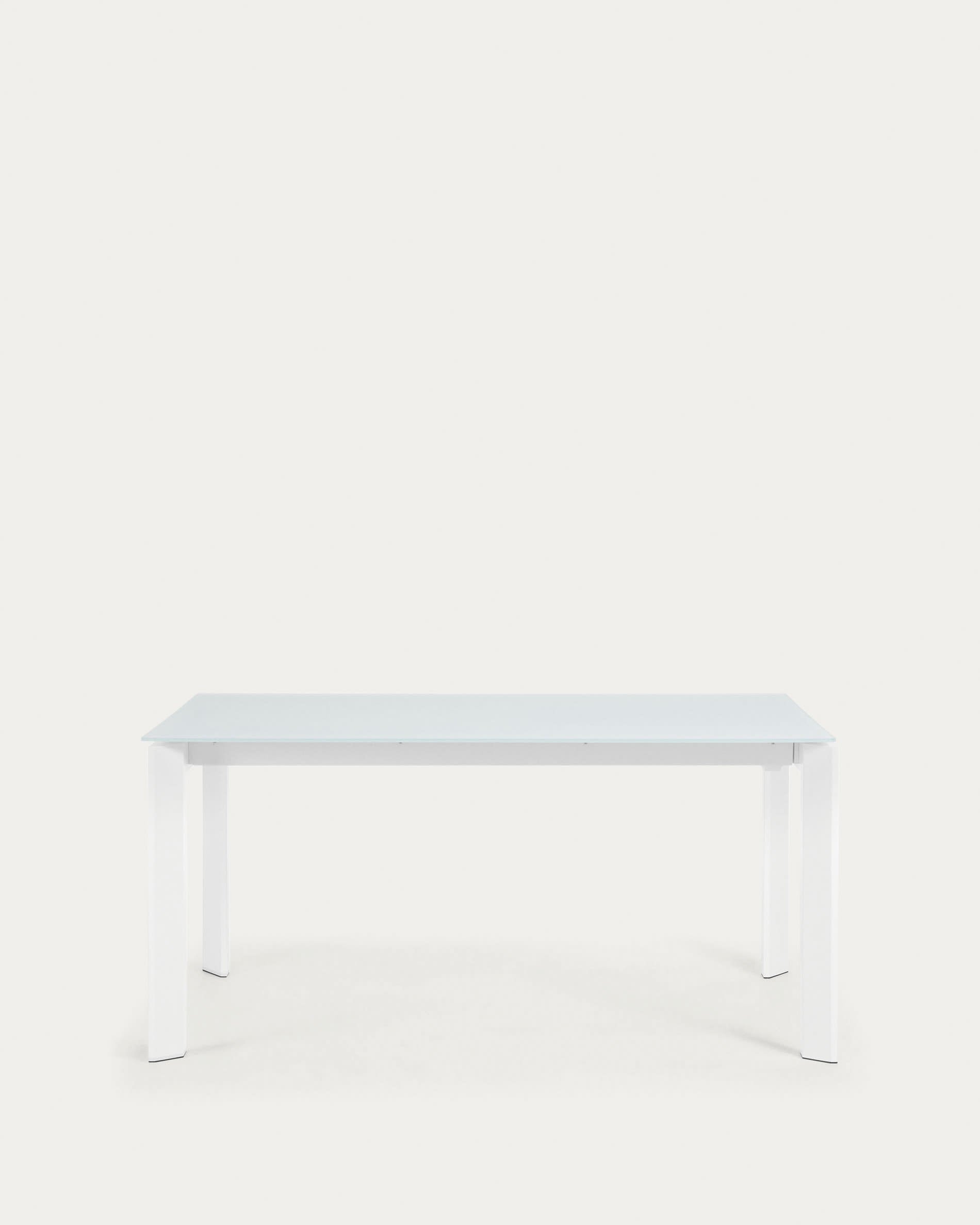 Moderner Axis Ausziehtisch mit weisser Glasplatte und Stahlbeinen, ideal für stilvolle Essbereiche, 160-220 cm.