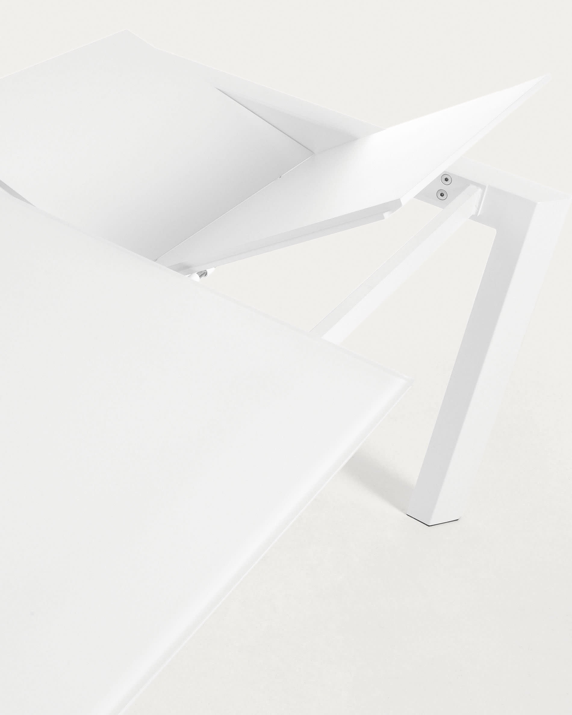 Moderner Axis Ausziehtisch mit weißer Glasplatte und Stahlbeinen, ausziehbar von 160 auf 220 cm, ideal für stilvolle Räume.