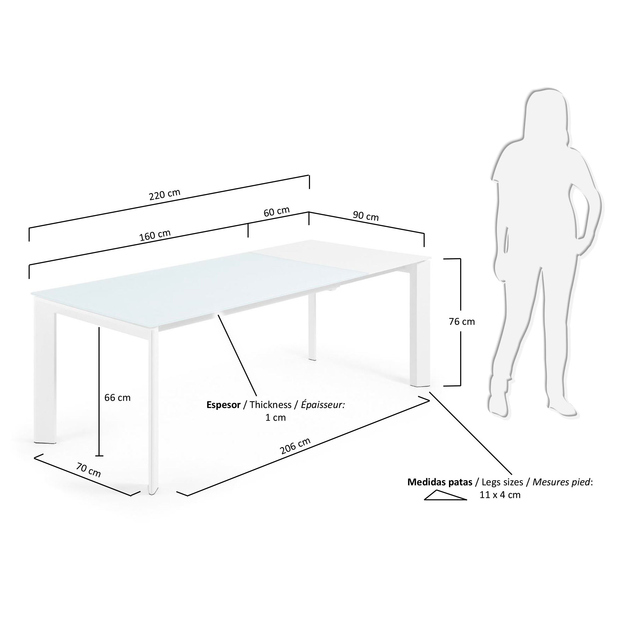 Eleganter Axis Tisch mit weißer Glasplatte und Stahlbeinen, ausziehbar von 160 auf 220 cm, perfekt für moderne Wohnräume.