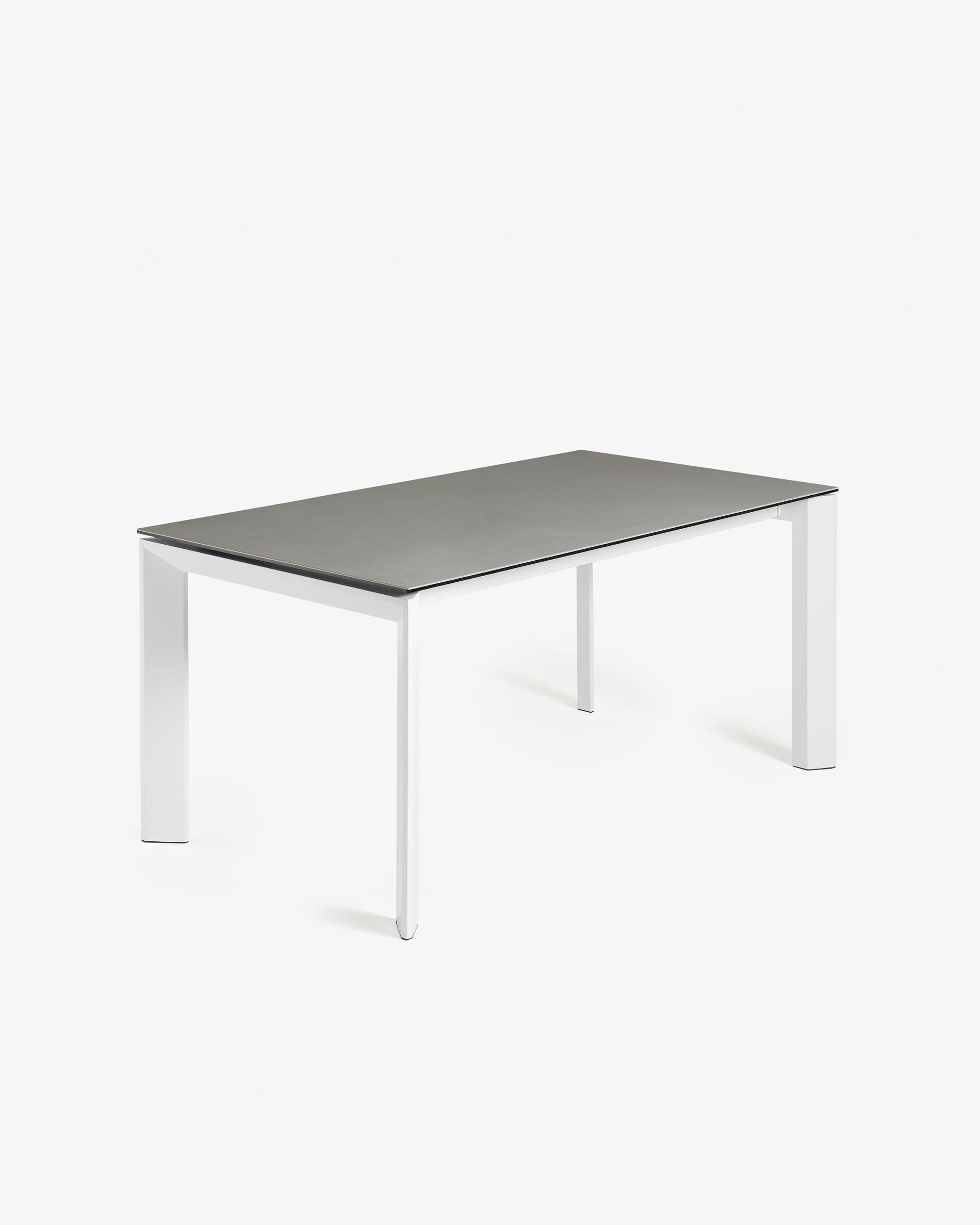 Eleganter Axis Ausziehtisch: Feinsteinzeug, Hydra Plomo Finish, weisse Beine, ausziehbar 160-220 cm, stilvoll und langlebig.