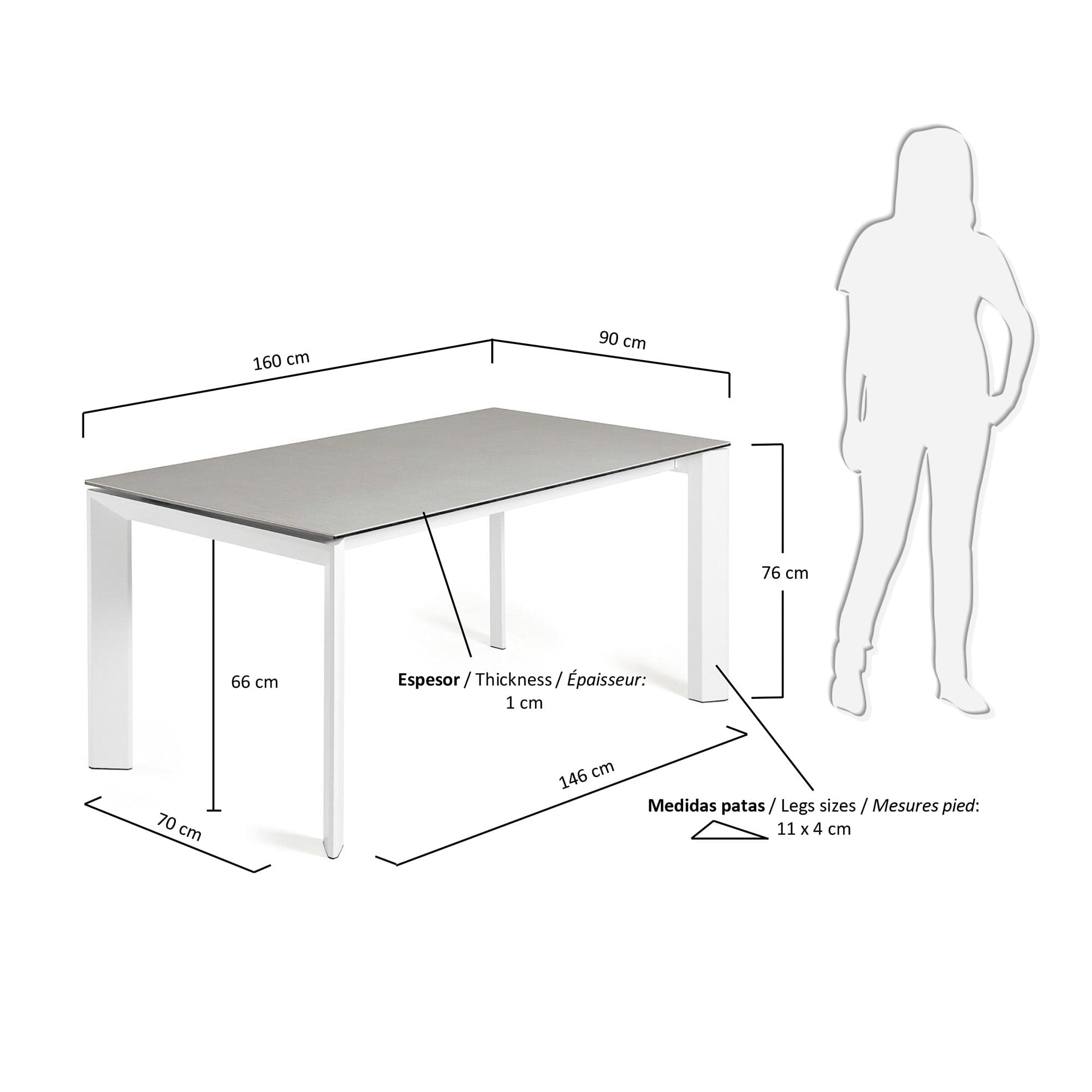 Eleganter Ausziehtisch von Kave Home mit pflegeleichter Feinsteinzeugplatte in Hydra Plomo und stilvollen weißen Beinen, flexibel von 160 auf 220 cm.