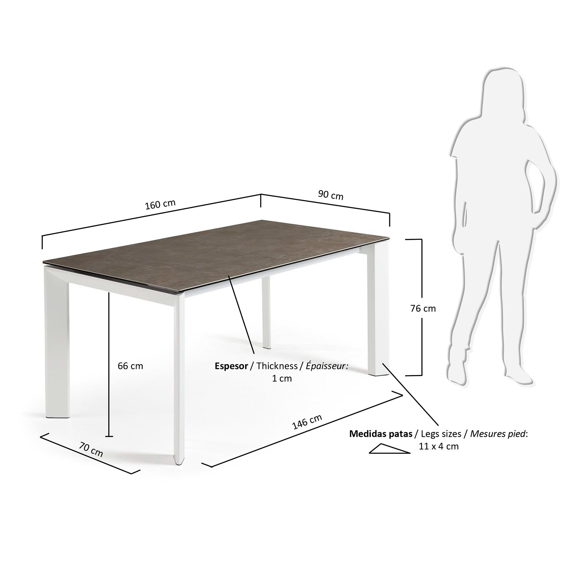 Eleganter Ausziehtisch mit Vulcano Ceniza Feinsteinzeugplatte und weißen Stahlbeinen, ausziehbar von 160 auf 220 cm.