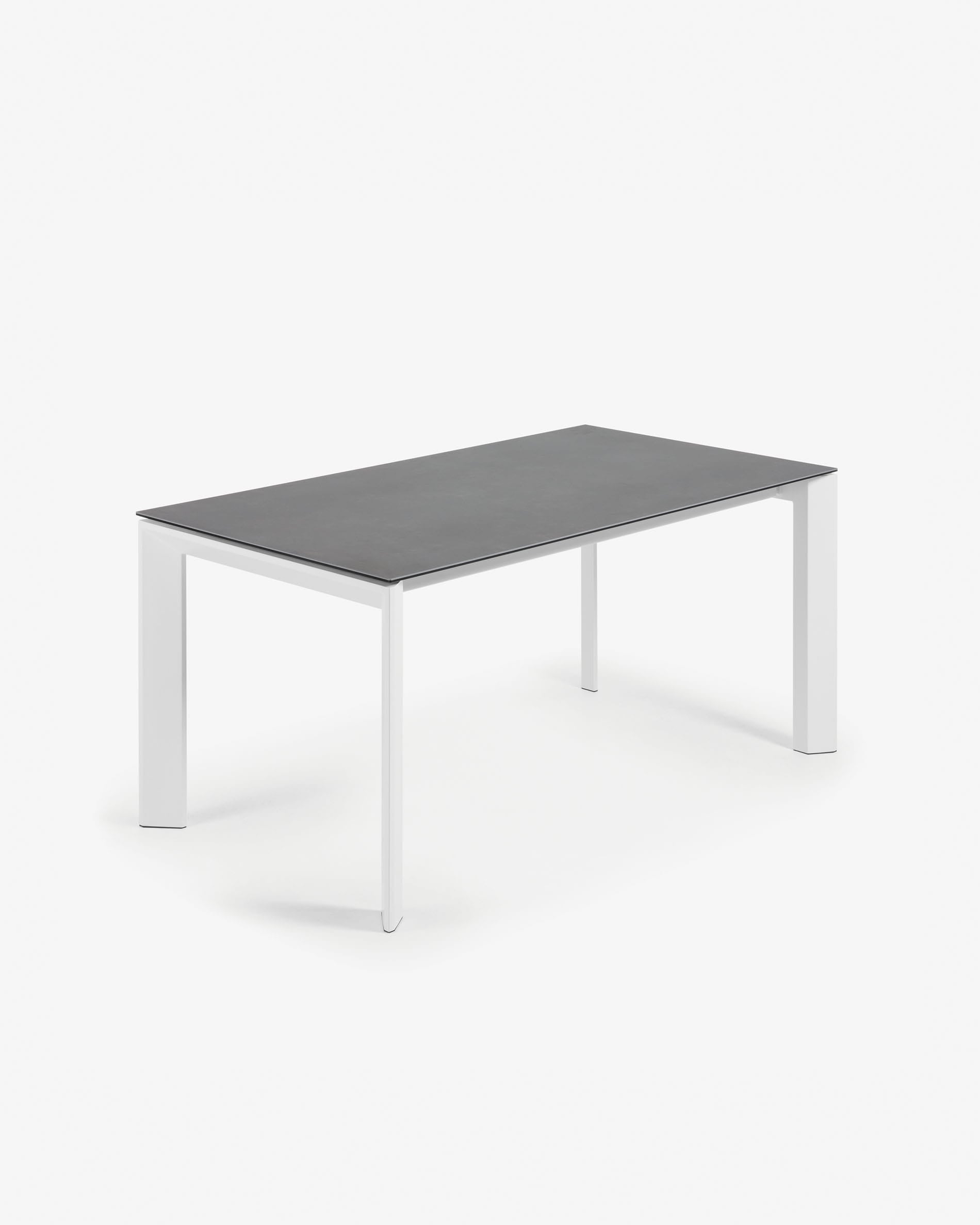 3D-Modell des Axis Ausziehtischs: Feinsteinzeug Vulcano Roca, weiße Beine, ausziehbar 160-220 cm, elegant und robust.