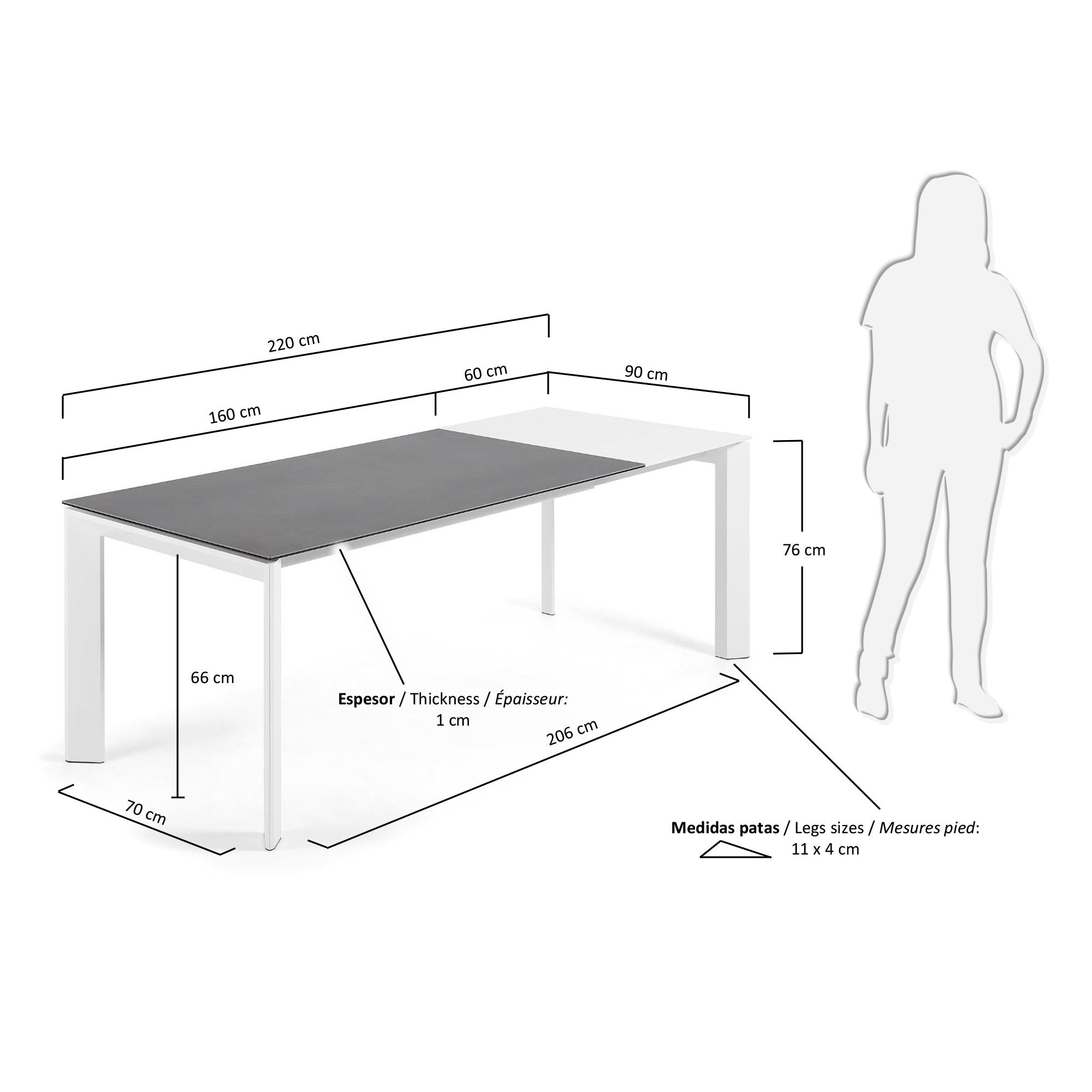 Eleganter Ausziehtisch mit Vulcano Roca Feinsteinzeugplatte und weißen Beinen, 160-220 cm, ideal für moderne Esszimmer.
