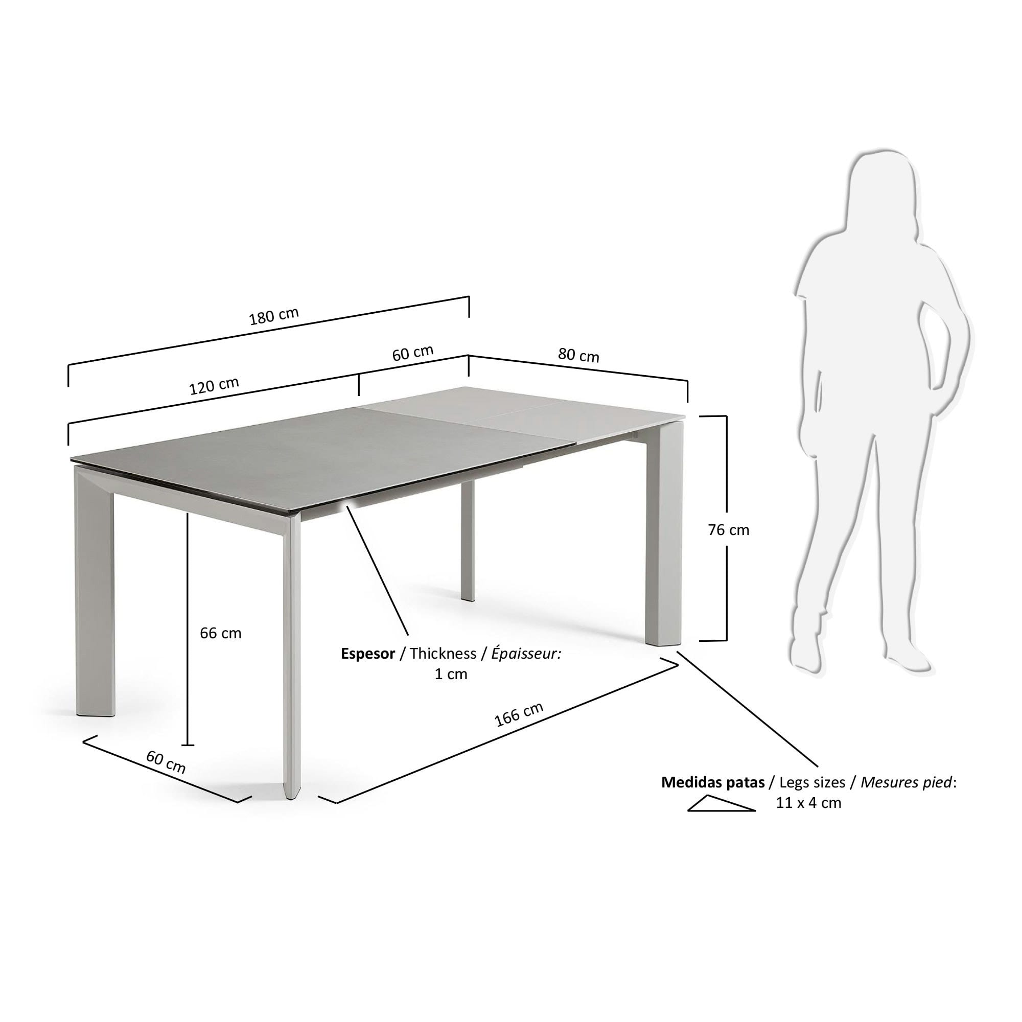 Eleganter Axis Ausziehtisch mit Hydra Plomo Feinsteinzeugplatte und grauen Stahlbeinen, ausziehbar von 120 auf 180 cm.