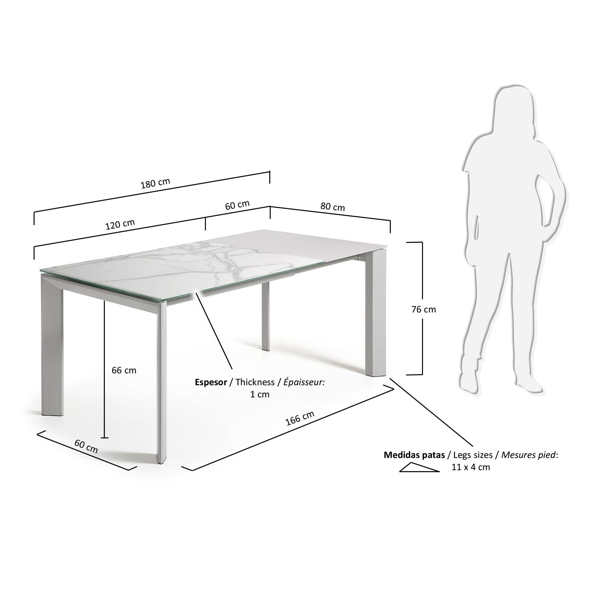 Moderner Axis Ausziehtisch mit Kalos Blanco Feinsteinzeugplatte und grauen Beinen, 120-180 cm, ideal für stilvolle Räume.
