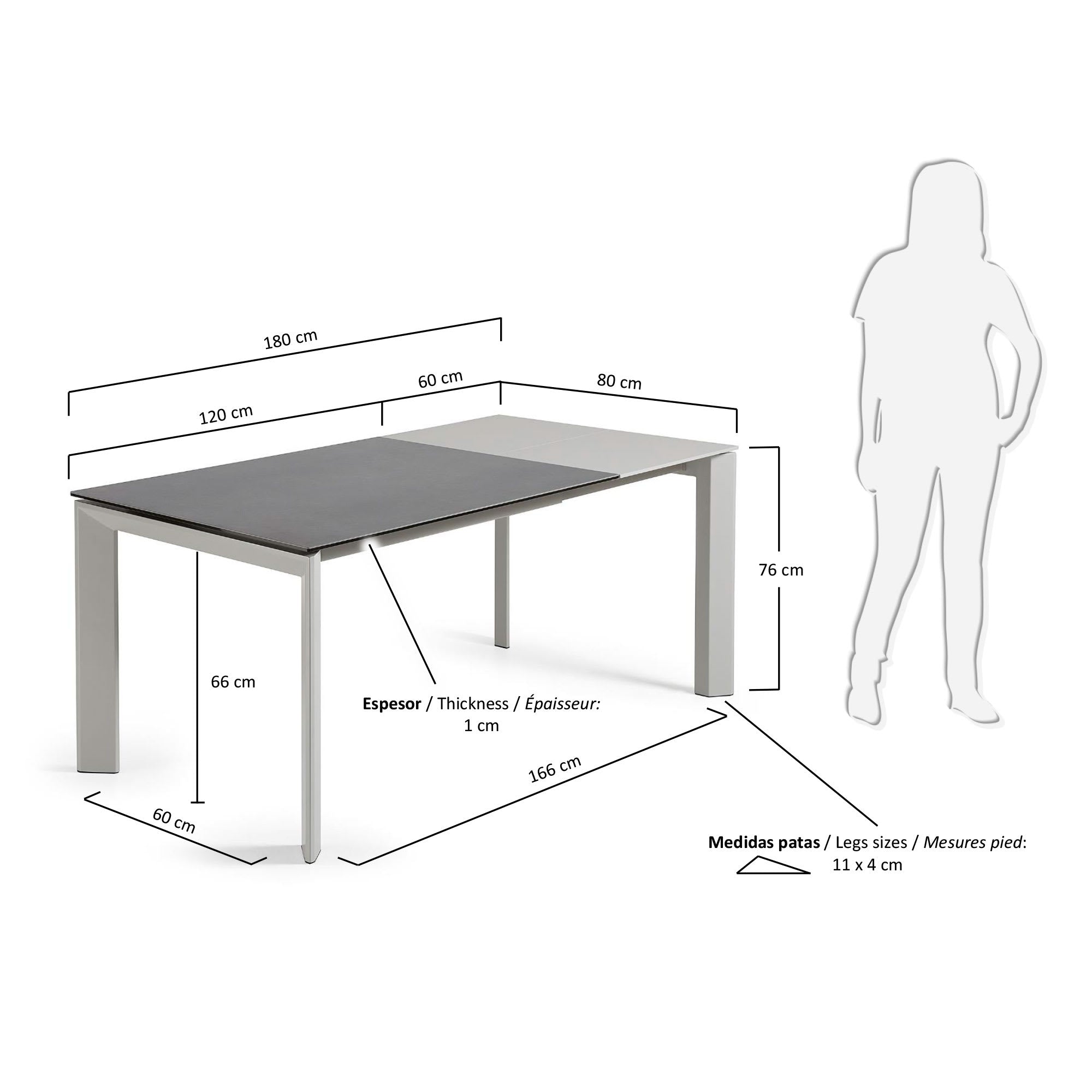 Moderner Ausziehtisch mit langlebiger Feinsteinzeug-Oberfläche in Vulcano Roca und grauen Beinen, perfekt für jedes Esszimmer.