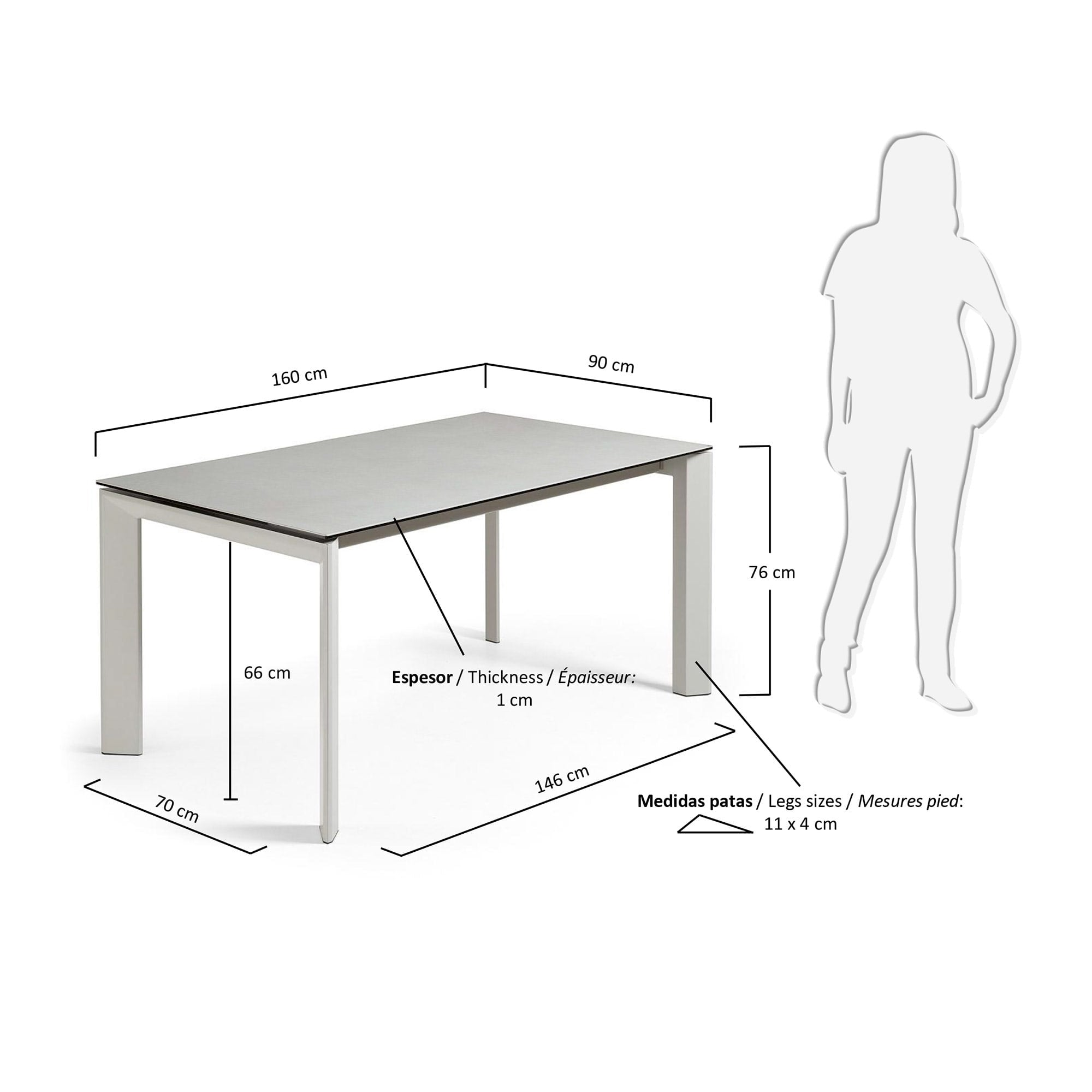 Moderner Axis Ausziehtisch von Kave Home mit Hydra Plomo Feinsteinzeug und grauen Beinen, ausziehbar von 160 auf 220 cm.
