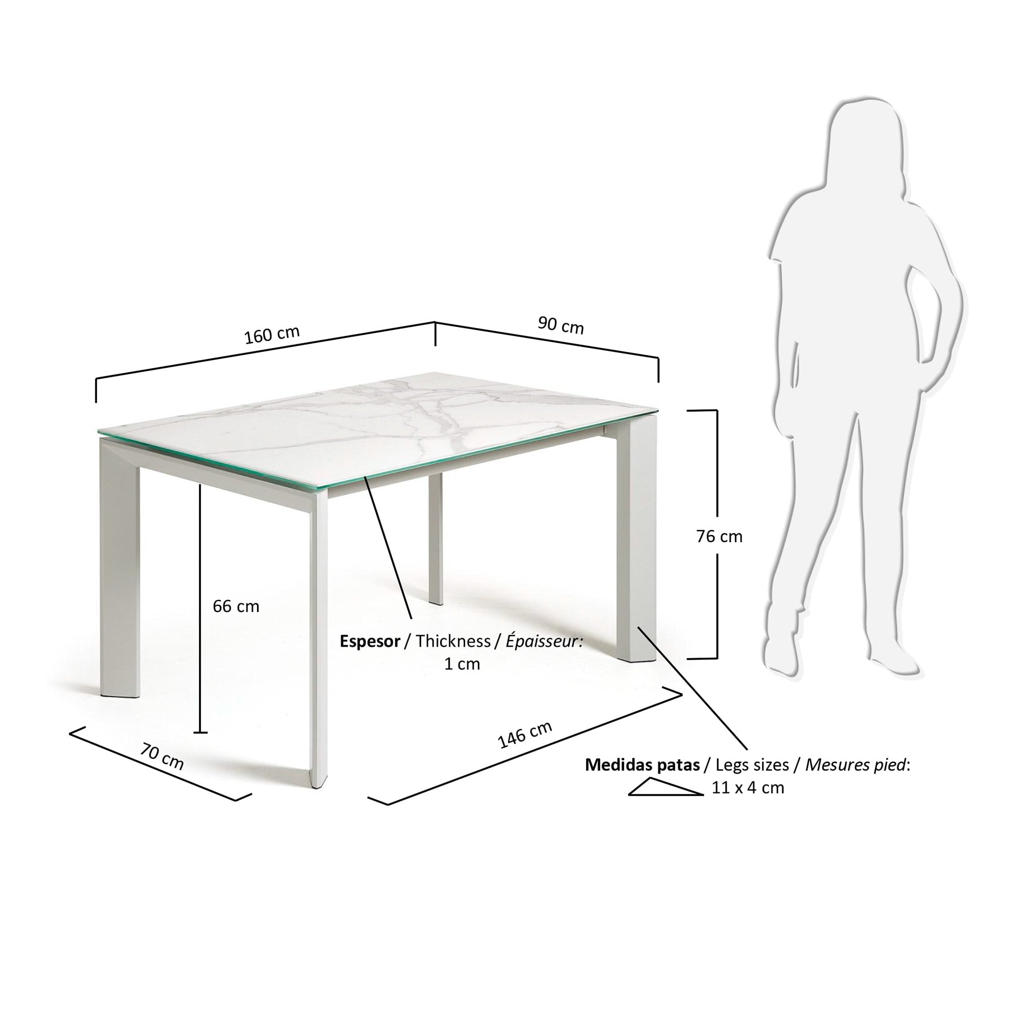 Eleganter Axis Ausziehtisch mit strapazierfähiger Feinsteinzeugplatte in Kalos Blanco Finish, graue Beine, 160-220 cm, von Kave Home.
