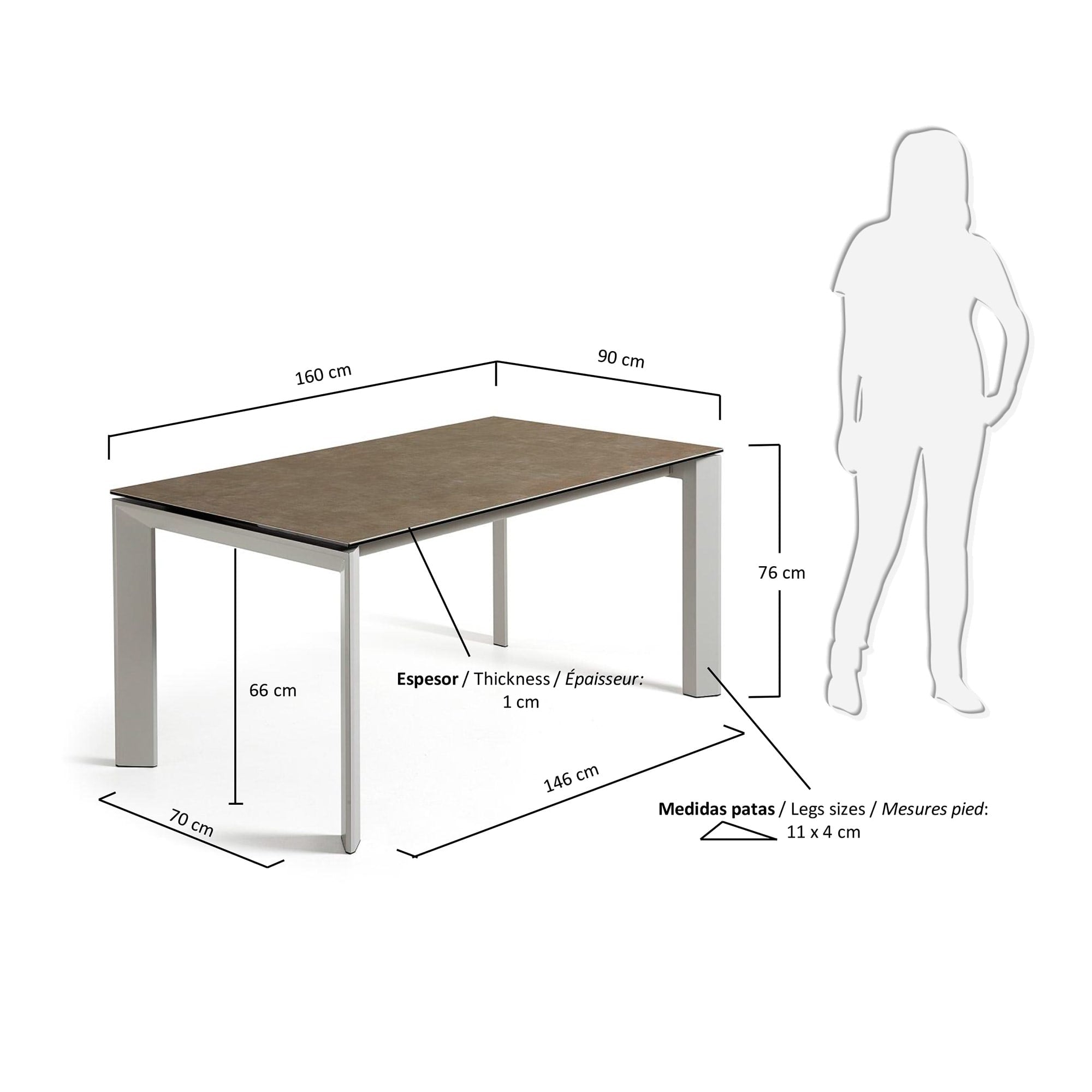 Eleganter Axis Ausziehtisch mit Vulcano Ceniza Feinsteinzeugplatte und grauen Stahlbeinen, 160-220 cm, von Kave Home.