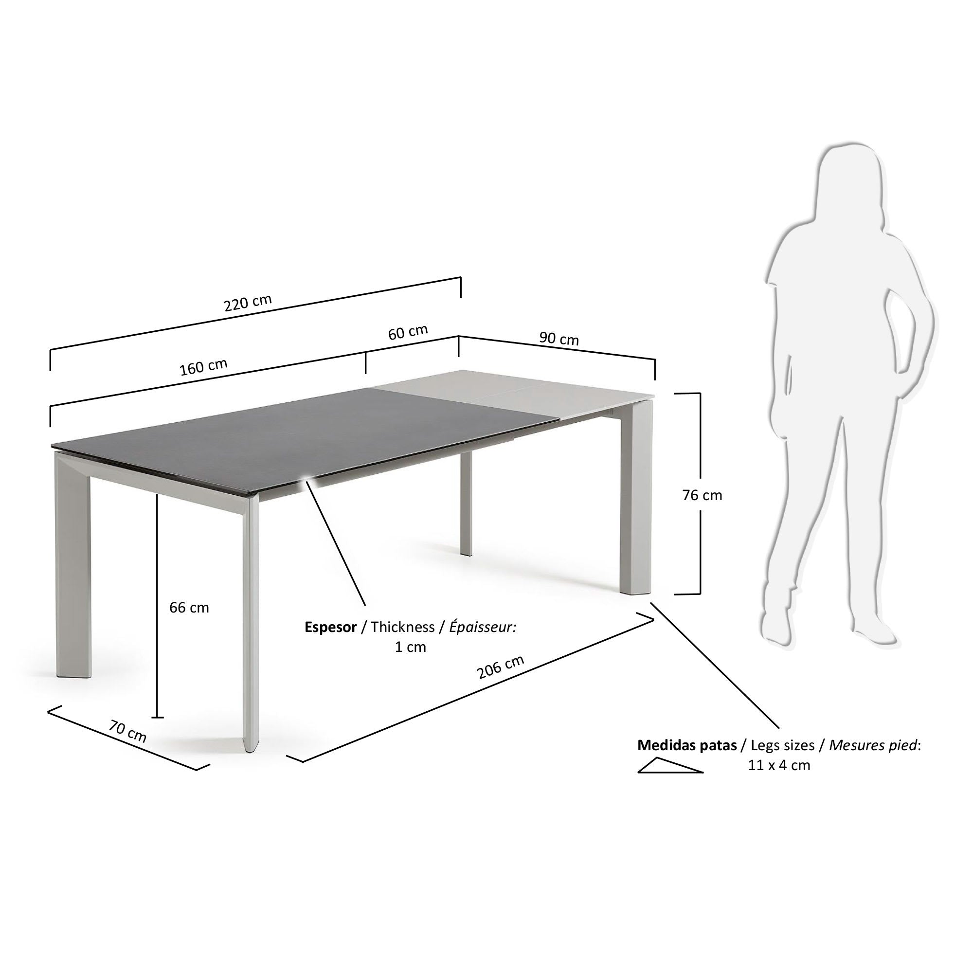 Moderner Ausziehtisch mit grauen Beinen und Feinsteinzeugplatte im Vulcano Roca Design, 160-220 cm, von Kave Home.