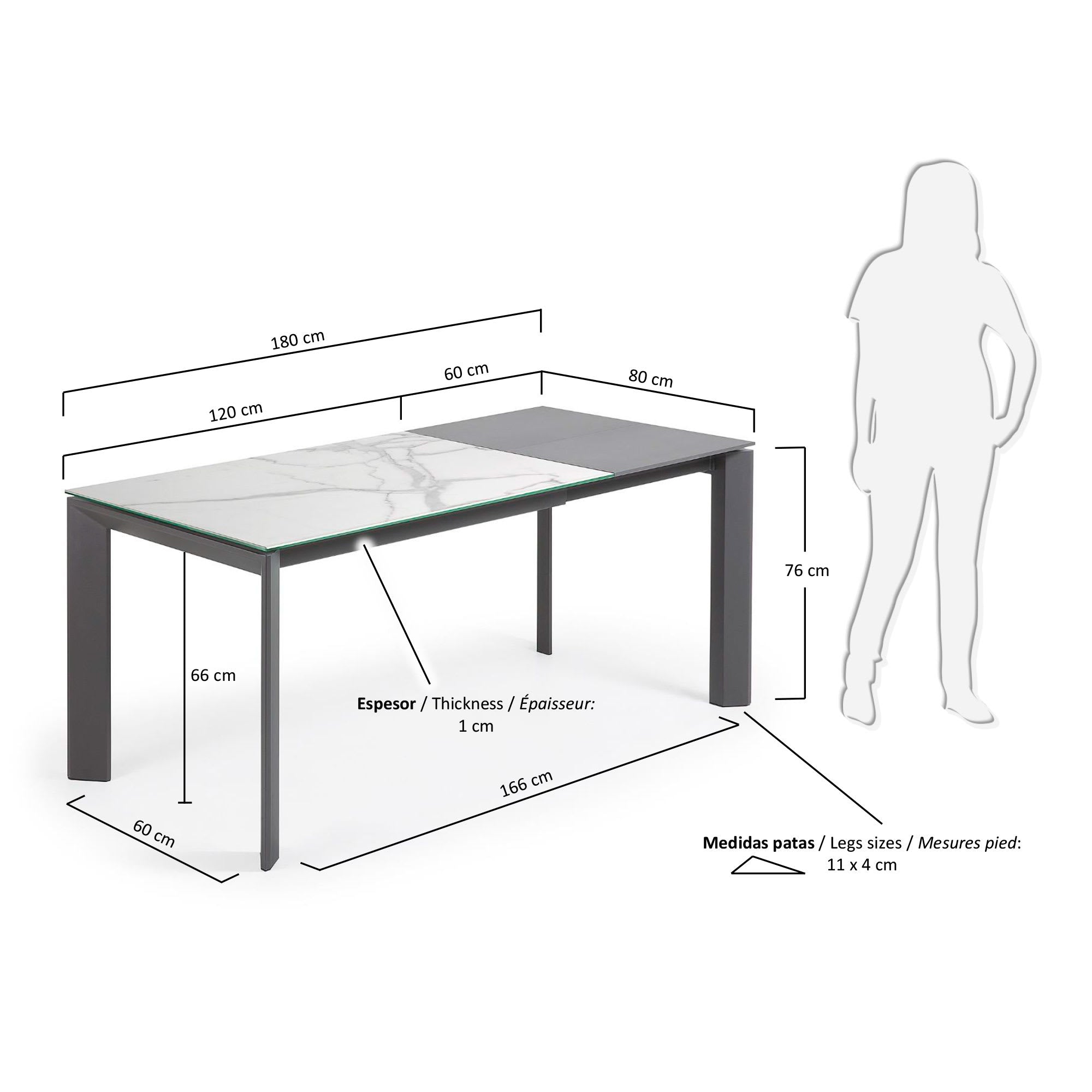 Eleganter Axis Ausziehtisch von Kave Home mit pflegeleichter Feinsteinzeug-Oberfläche in Kalos Weiß und stabilen, dunkelgrauen Beinen. Perfekt für gesellige Runden.