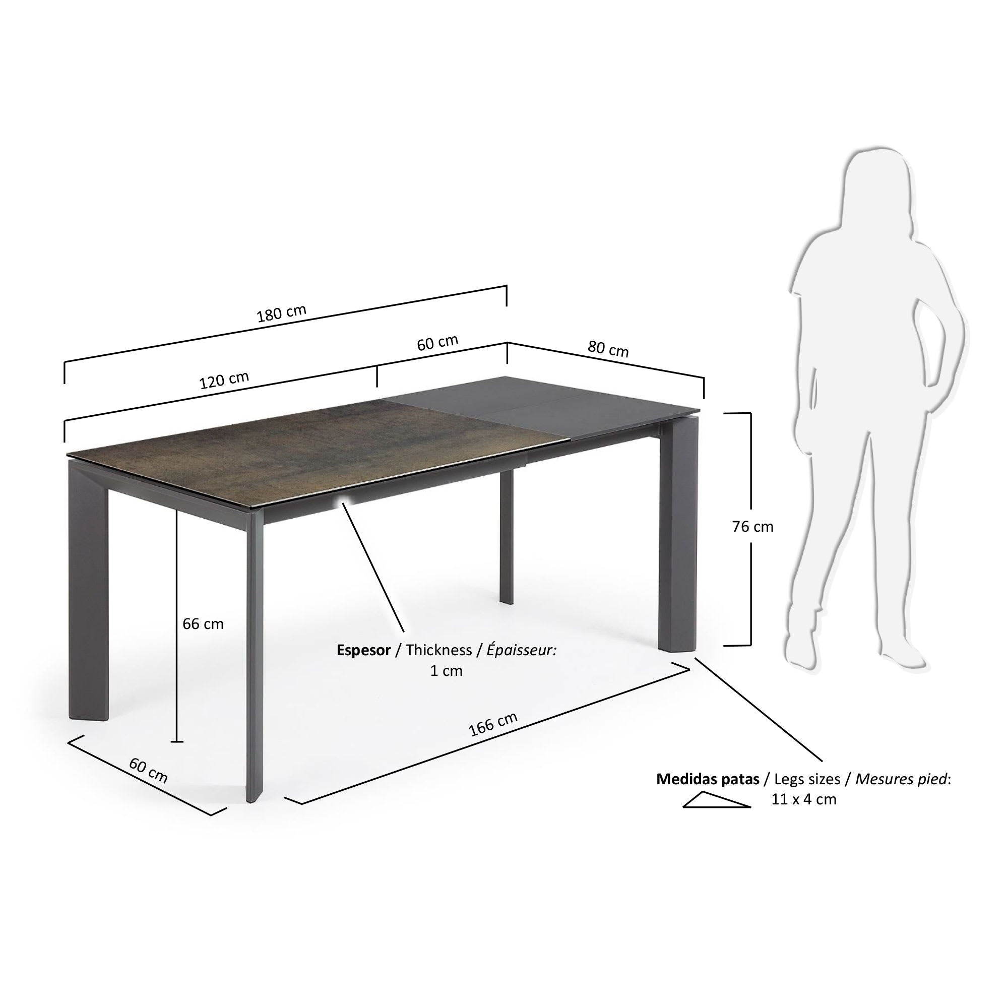 Moderner Axis Ausziehtisch mit Feinsteinzeugplatte, Iron Moss Finish und anthrazitfarbenen Stahlbeinen, ausziehbar von 120 auf 180 cm.