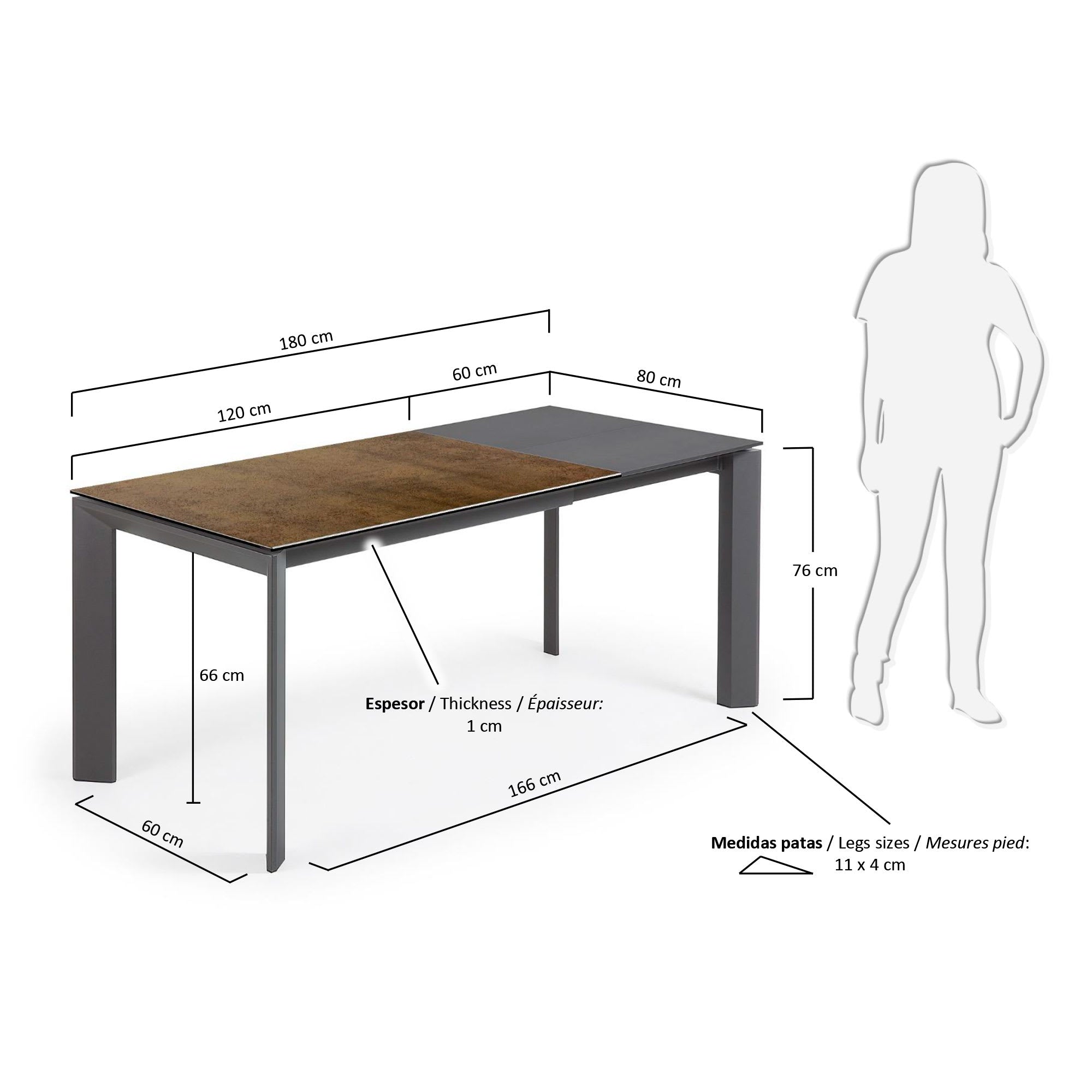 Moderner Ausziehtisch aus robustem Feinsteinzeug im stilvollen Iron Corten Finish, erweiterbar auf 180 cm für gesellige Abende.