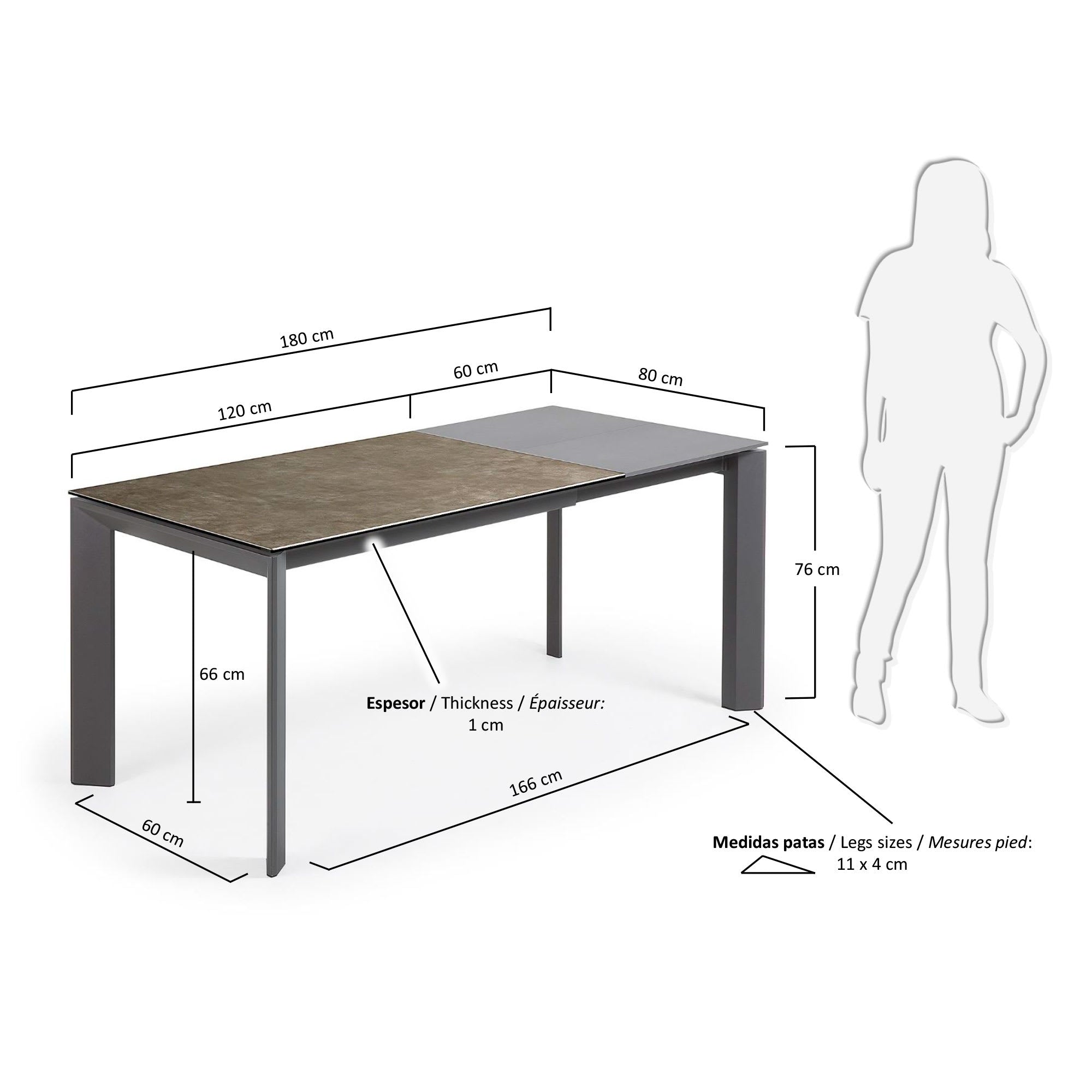 Eleganter Ausziehtisch mit Vulcano Ceniza Feinsteinzeugplatte und anthrazitfarbenen Stahlbeinen, erweiterbar von 120 auf 180 cm.