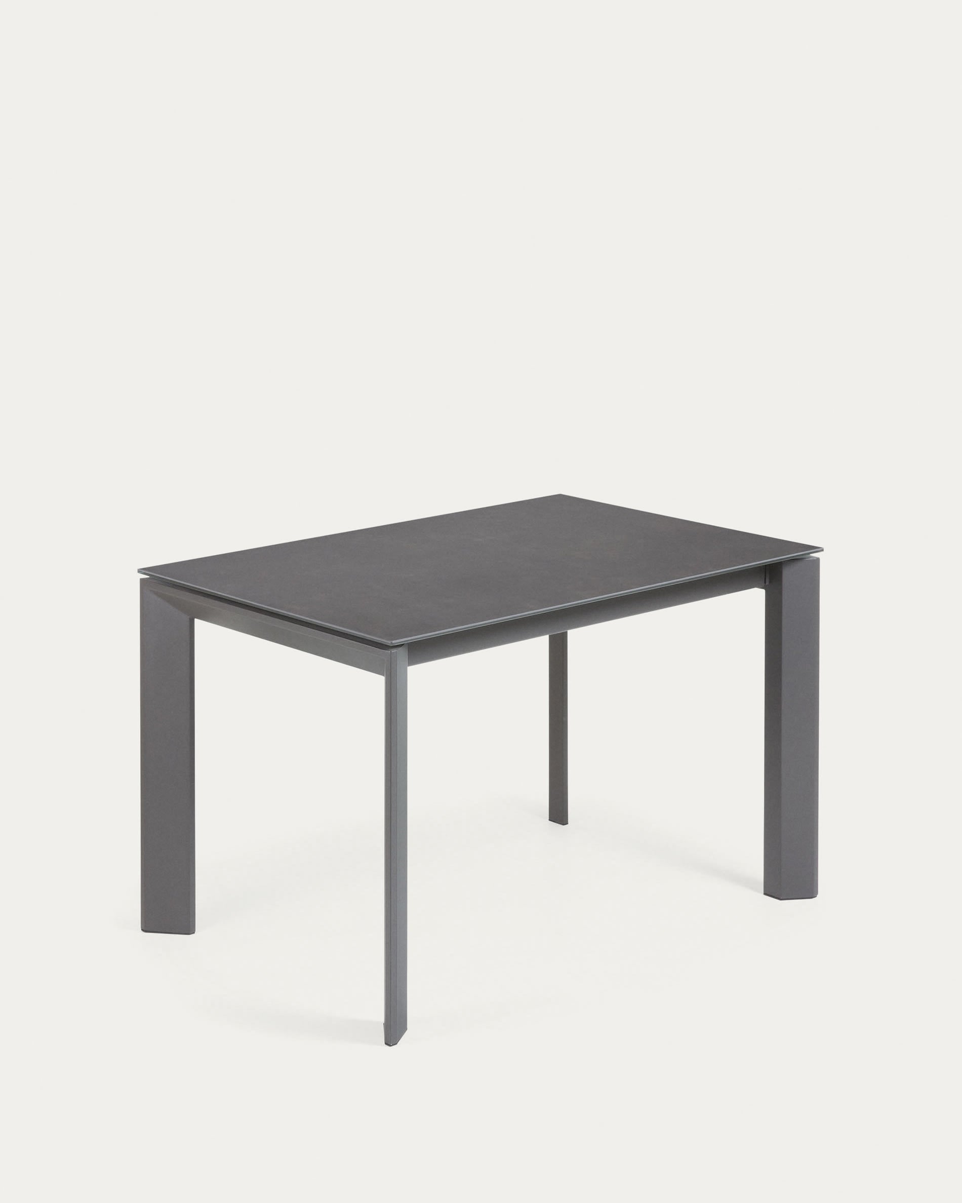 3D-Modell eines eleganten, ausziehbaren Axis-Tischs mit Feinsteinzeugplatte und dunkelgrauen Stahlbeinen.