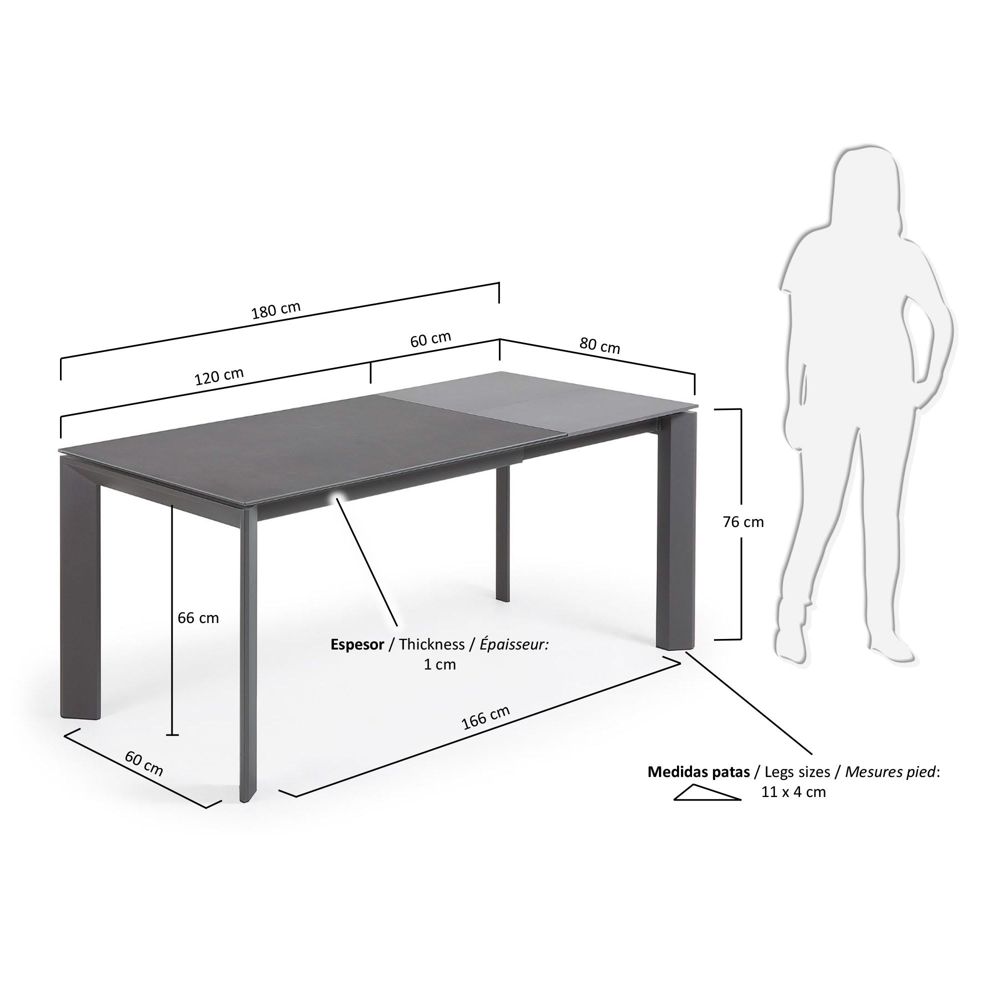Eleganter Ausziehtisch mit Vulcano Roca Feinsteinzeugplatte und dunklen Stahlbeinen, 120-180 cm, von Kave Home.