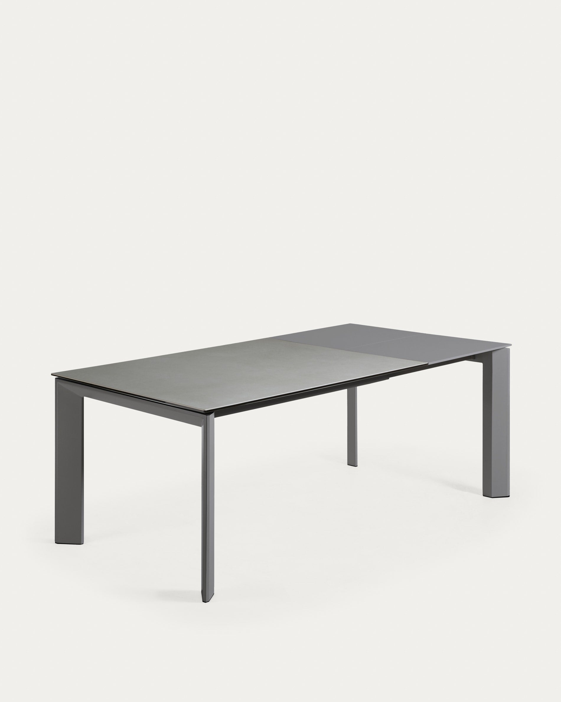 Moderner Ausziehtisch mit Feinsteinzeugplatte, Hydra Plomo Finish und anthrazitfarbenen Stahlbeinen, 140-200 cm.