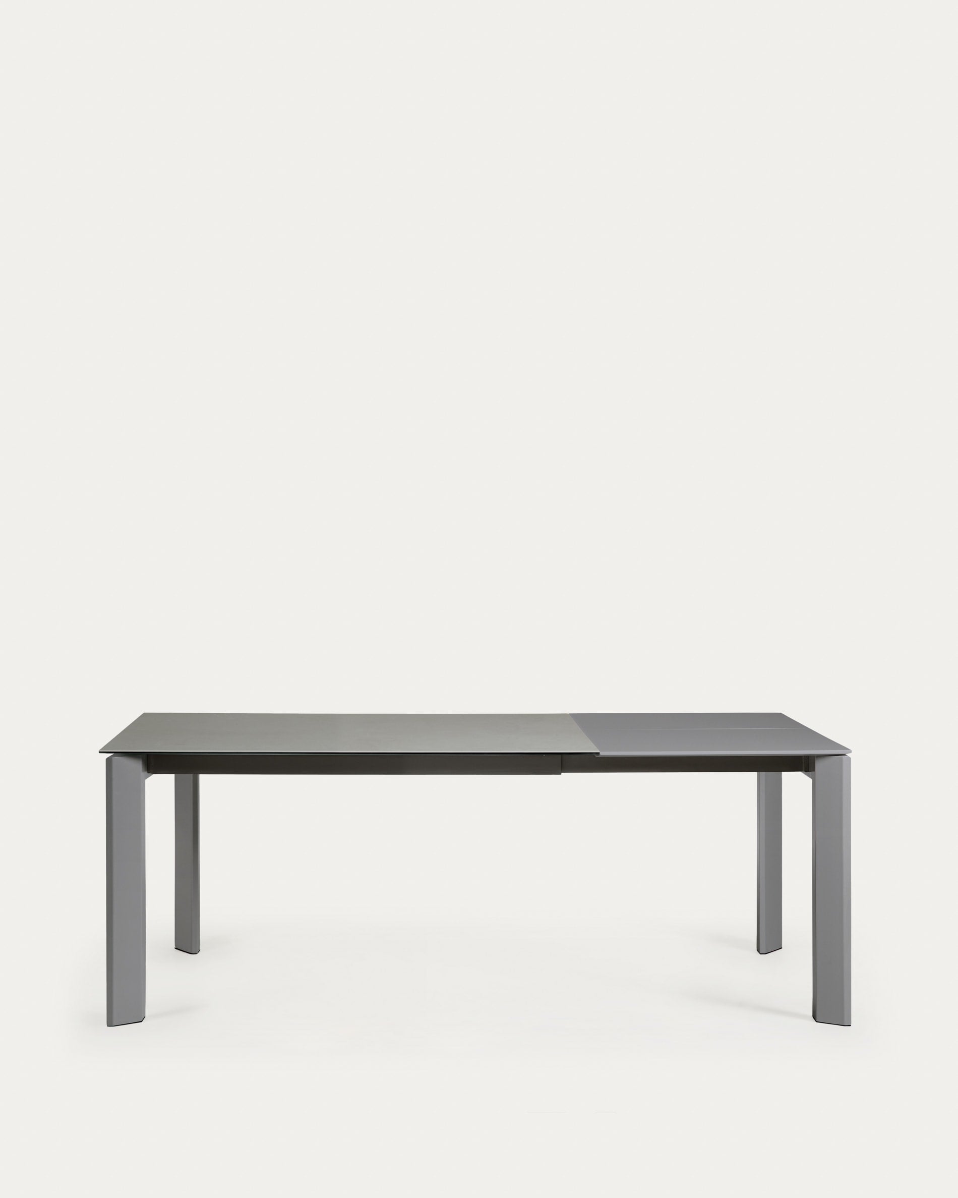 Moderner Ausziehtisch mit Feinsteinzeugplatte, Hydra Plomo Finish und anthrazitfarbenen Stahlbeinen, 140-200 cm.