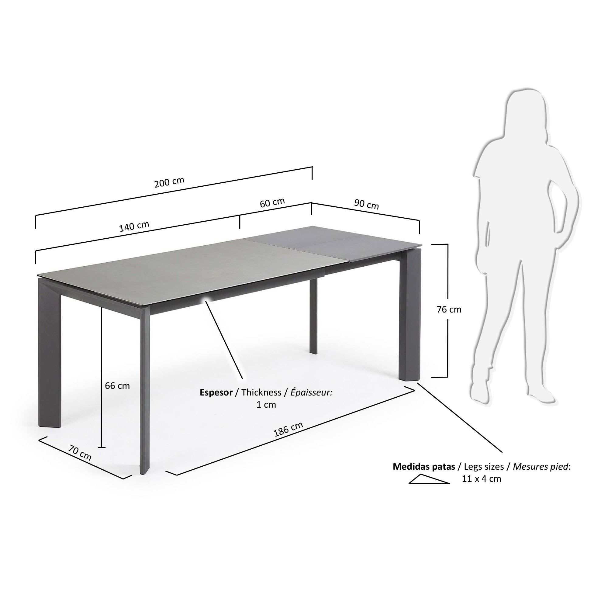 Moderner Ausziehtisch mit Feinsteinzeugplatte, Hydra Plomo Finish und anthrazitfarbenen Stahlbeinen, 140-200 cm.