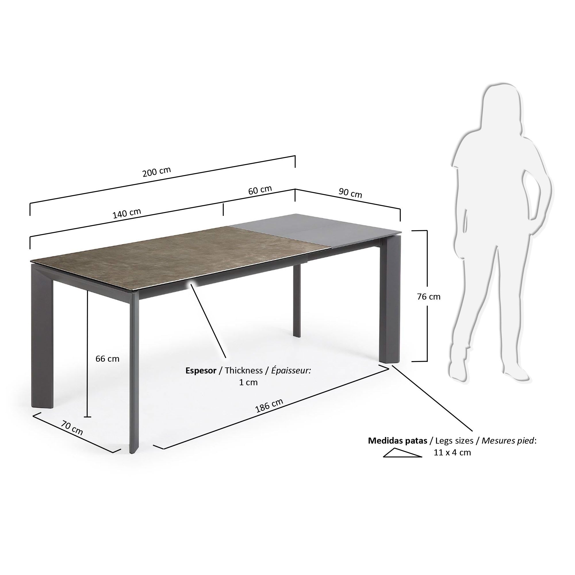 Eleganter Ausziehtisch mit langlebiger Feinsteinzeug-Oberfläche in Vulcano Ceniza und stabilen Stahlbeinen in Anthrazit, perfekt für gesellige Anlässe.