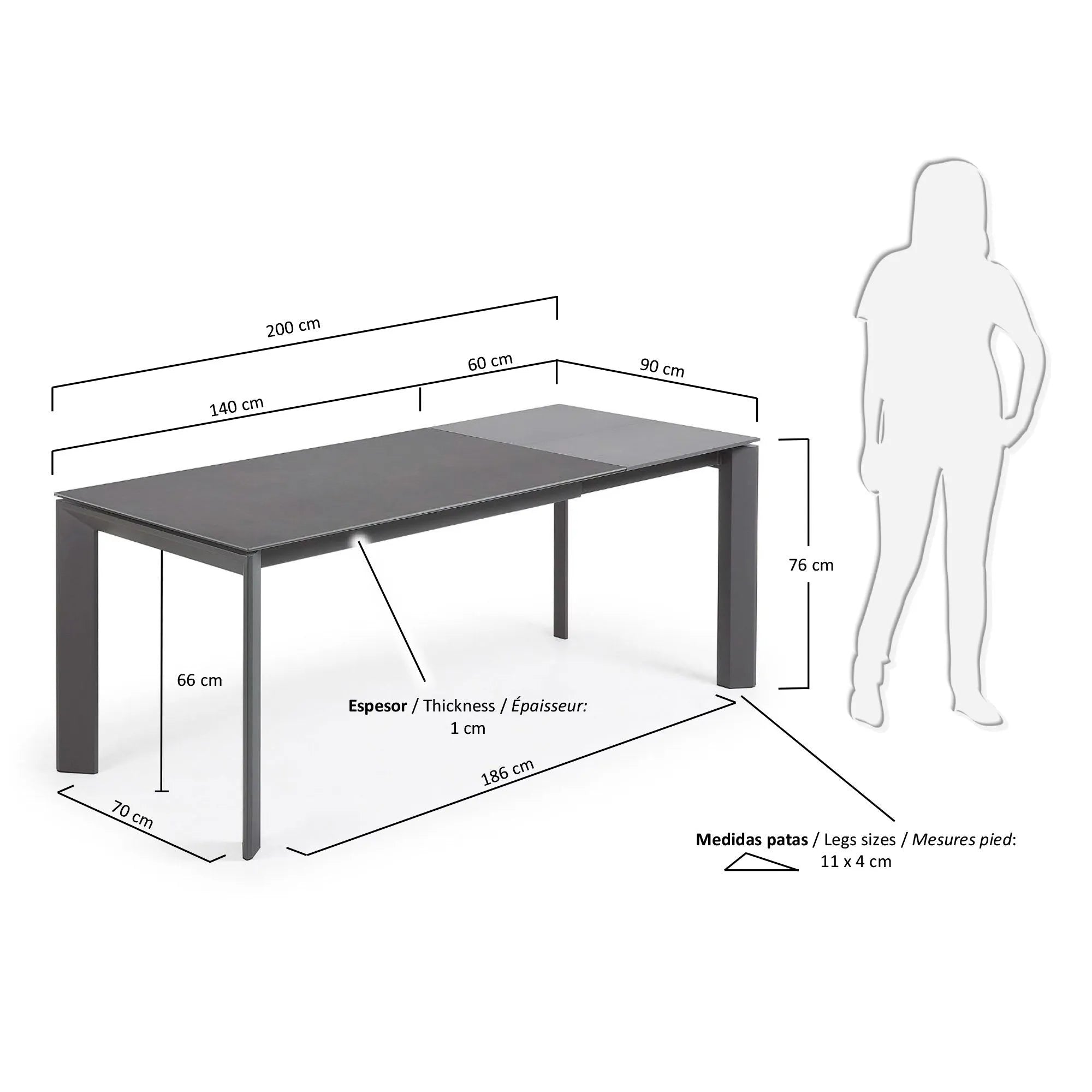 Eleganter Axis Ausziehtisch mit Vulcano Roca Feinsteinzeugplatte und dunklen Stahlbeinen, ausziehbar von 140 auf 200 cm, modern und funktional.