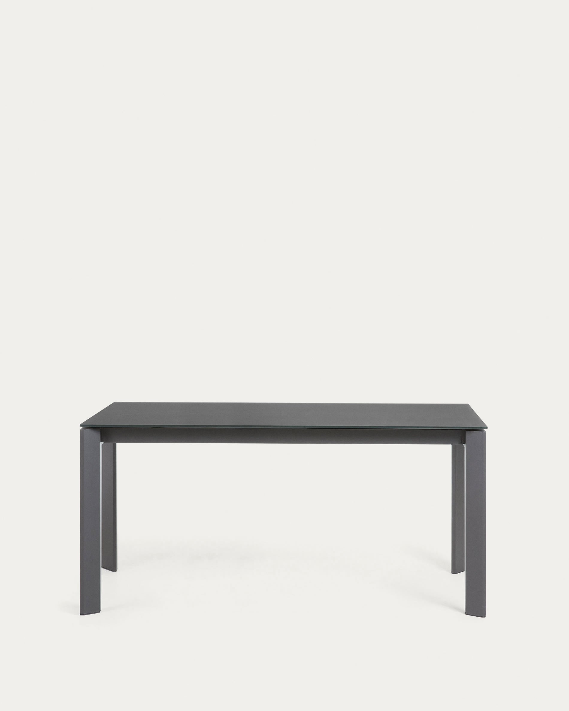 Moderner Axis Ausziehtisch mit grauer Glasplatte und dunkelgrauen Stahlbeinen, erweiterbar von 160 auf 220 cm.