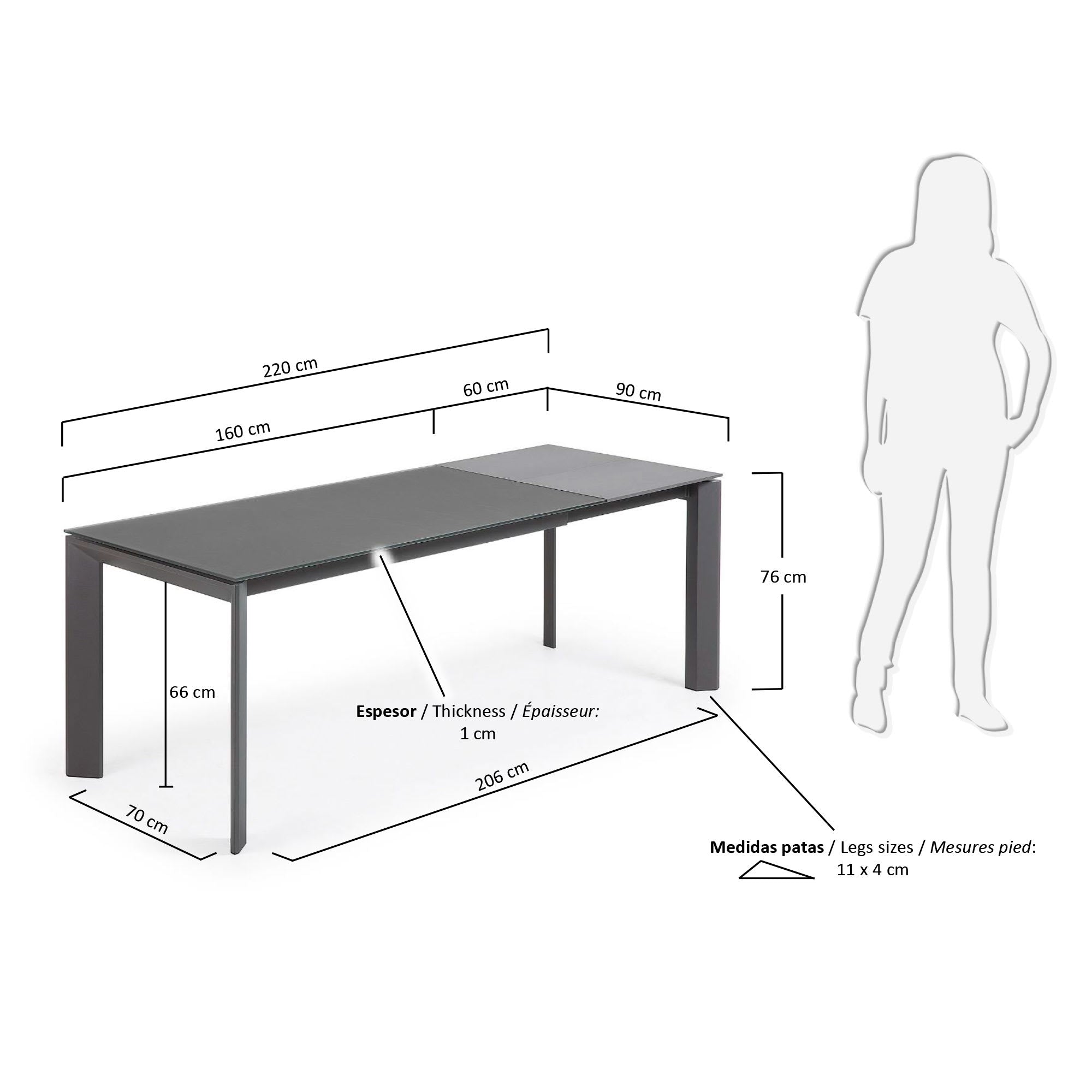 Eleganter Axis Tisch mit grauer Glasplatte und dunkelgrauen Stahlbeinen, ausziehbar von 160 auf 220 cm, modern und praktisch.