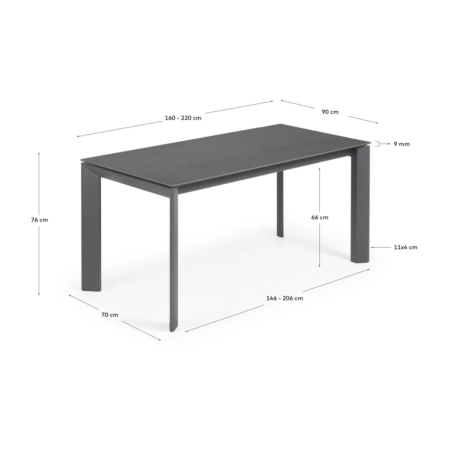 Moderner Axis Ausziehtisch mit Feinsteinzeugplatte, Iron Moss Finish und schwarzen Stahlbeinen, 160-220 cm, von Kave Home.