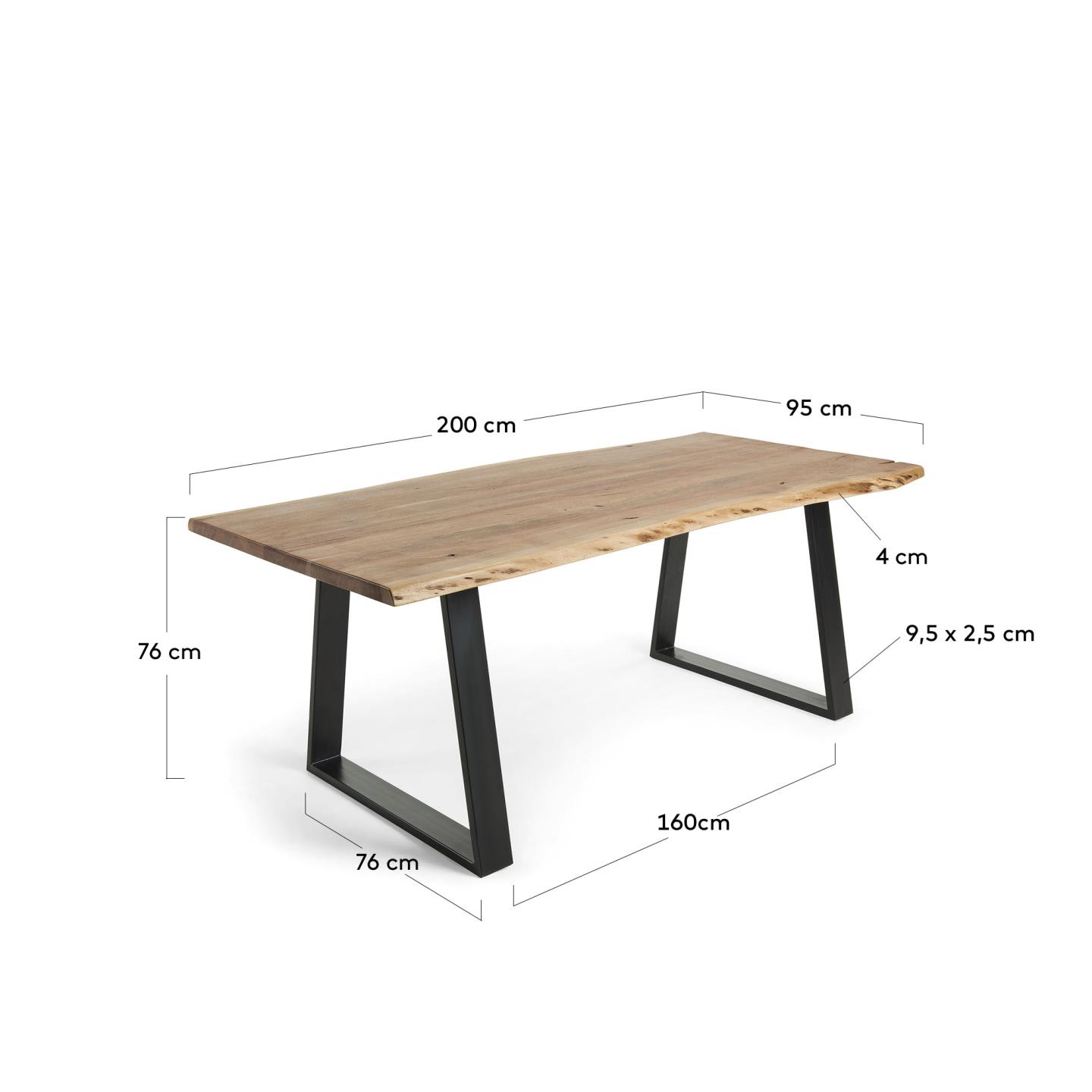 Moderner Alaia Tisch 200x95 cm aus massivem Akazienholz mit robusten schwarzen Stahlbeinen, ideal für stilvolle Wohnräume.