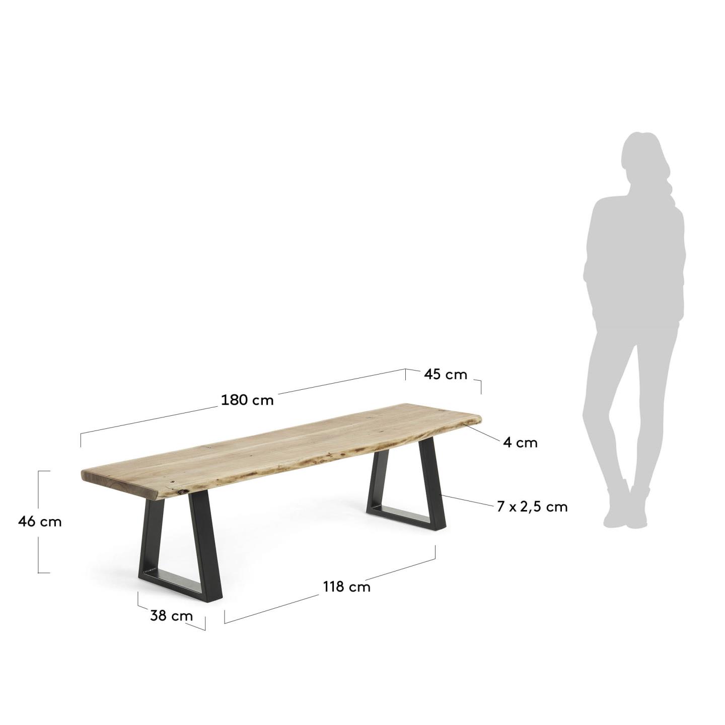 Elegante Alaia Bank aus massivem Akazienholz und schwarzem Stahl, 180 cm – ideal für stilvolle und nachhaltige Wohnräume.