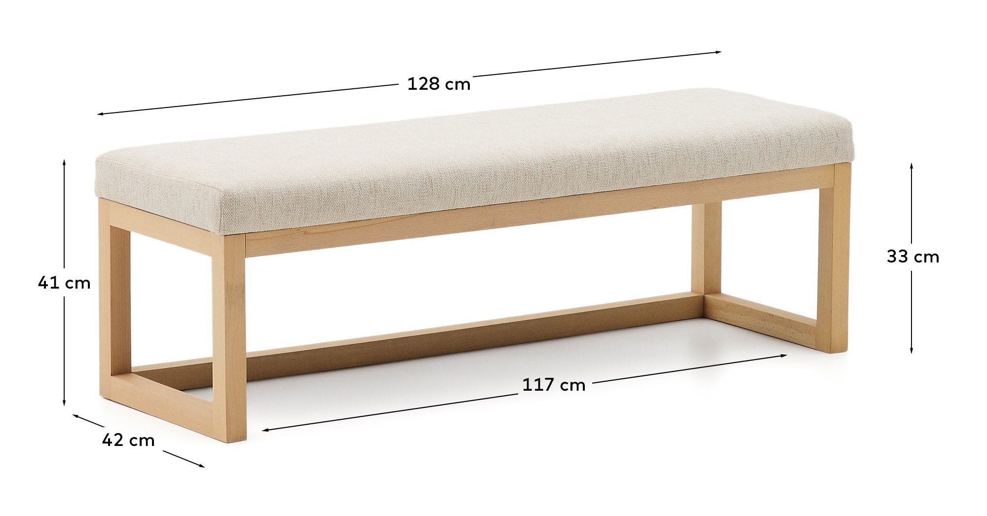 Die elegante Bank Loya von Kave Home vereint beigen Chenille und robustes Buchenholz – ideal für Flur, Wohnzimmer oder Schlafzimmer.