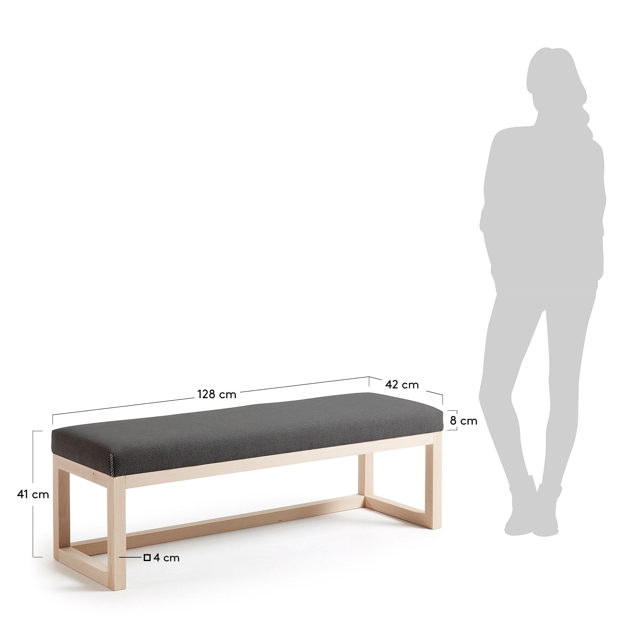 Schwarze Polsterbank Loya, 128 cm, aus robustem Buchenholz. Perfekt für Esszimmer und Flure, vereint Komfort und elegantes Design.