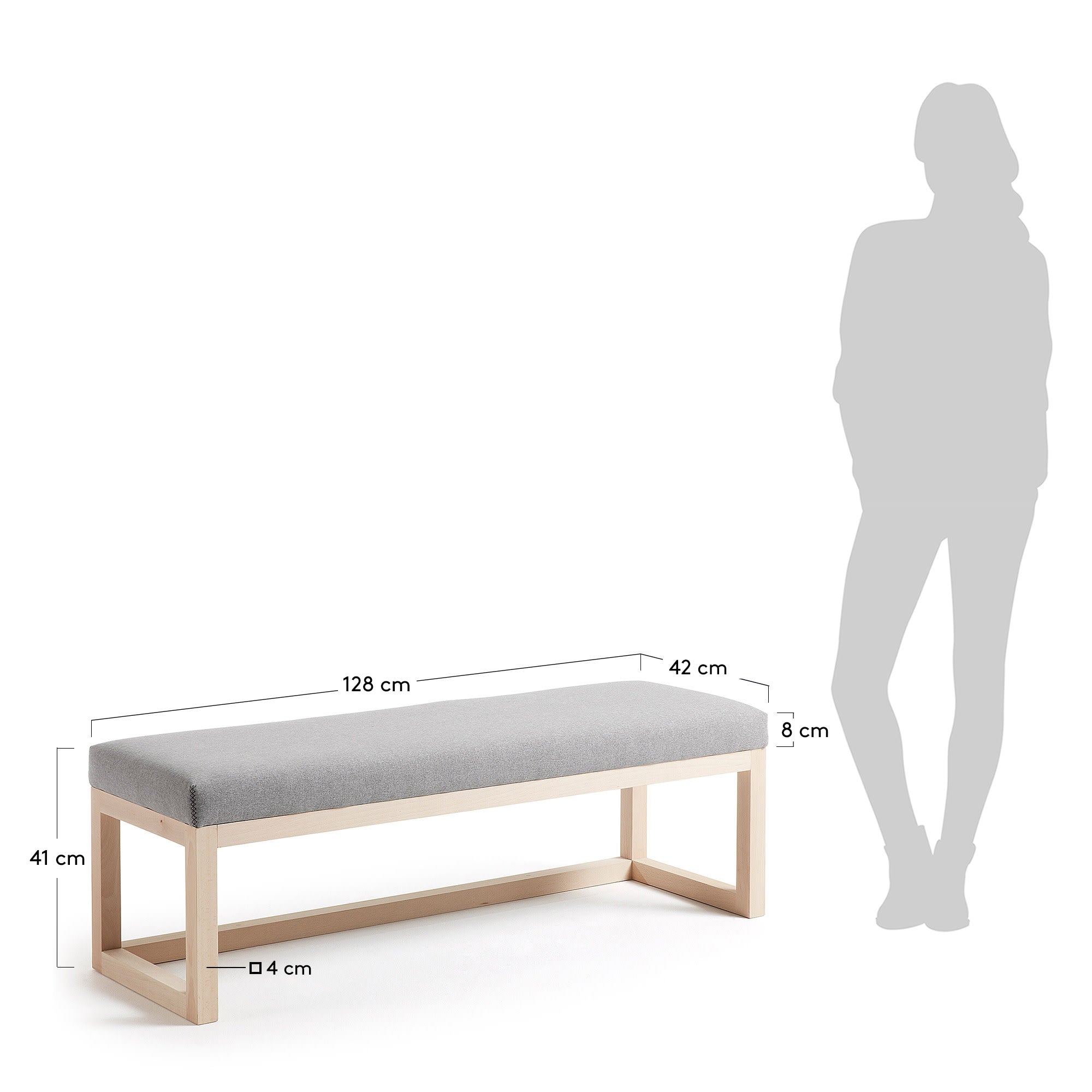 Elegante Polsterbank mit grauem Stoffbezug und massivem Buchenholzgestell, 128 cm, vielseitig und stilvoll.