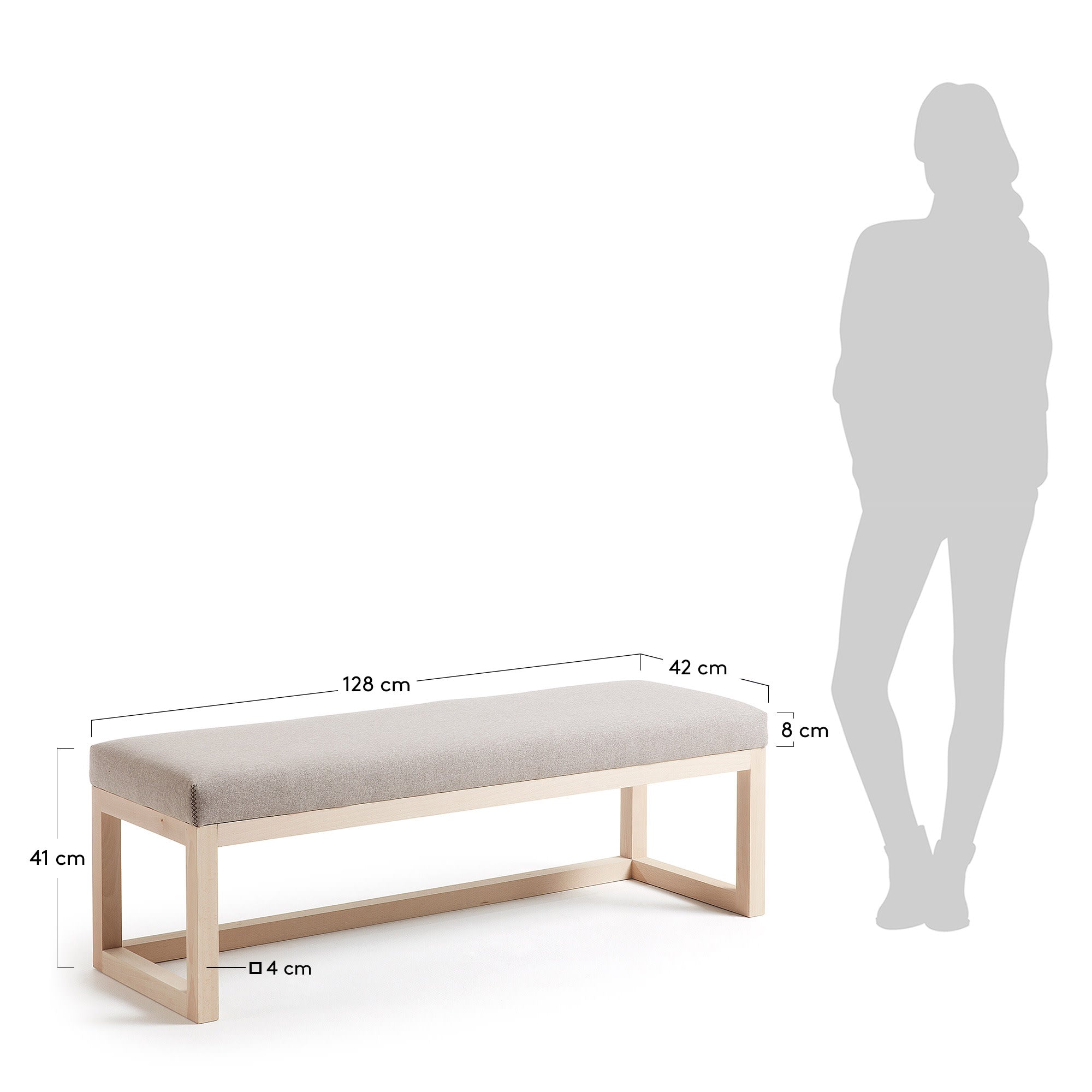 Die Loya Polsterbank kombiniert beigen Stoff mit massivem Buchenholz, 128 cm breit, für stilvollen Komfort in jedem Raum.