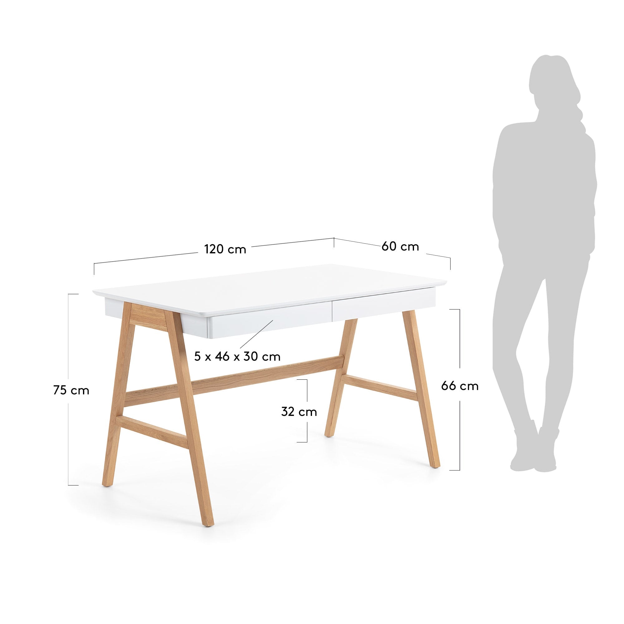 Eleganter Dyana Tisch mit weißer MDF-Platte und massiven Eschenholzbeinen, perfekt für moderne und stilvolle Einrichtungen.