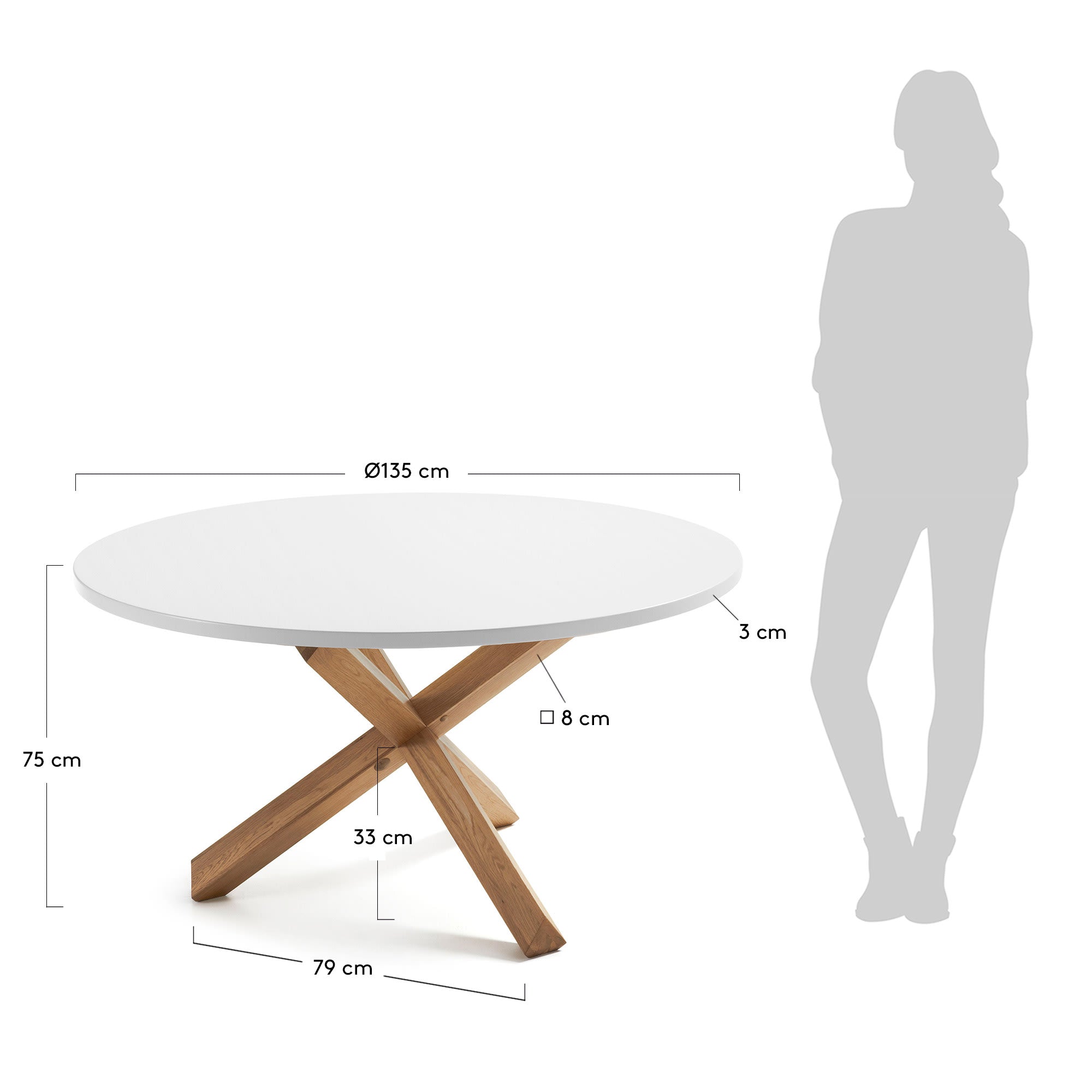 Eleganter runder Tisch mit weißer MDF-Platte und Eichenbeinen, ideal für stilvolle, gesellige Anlässe.