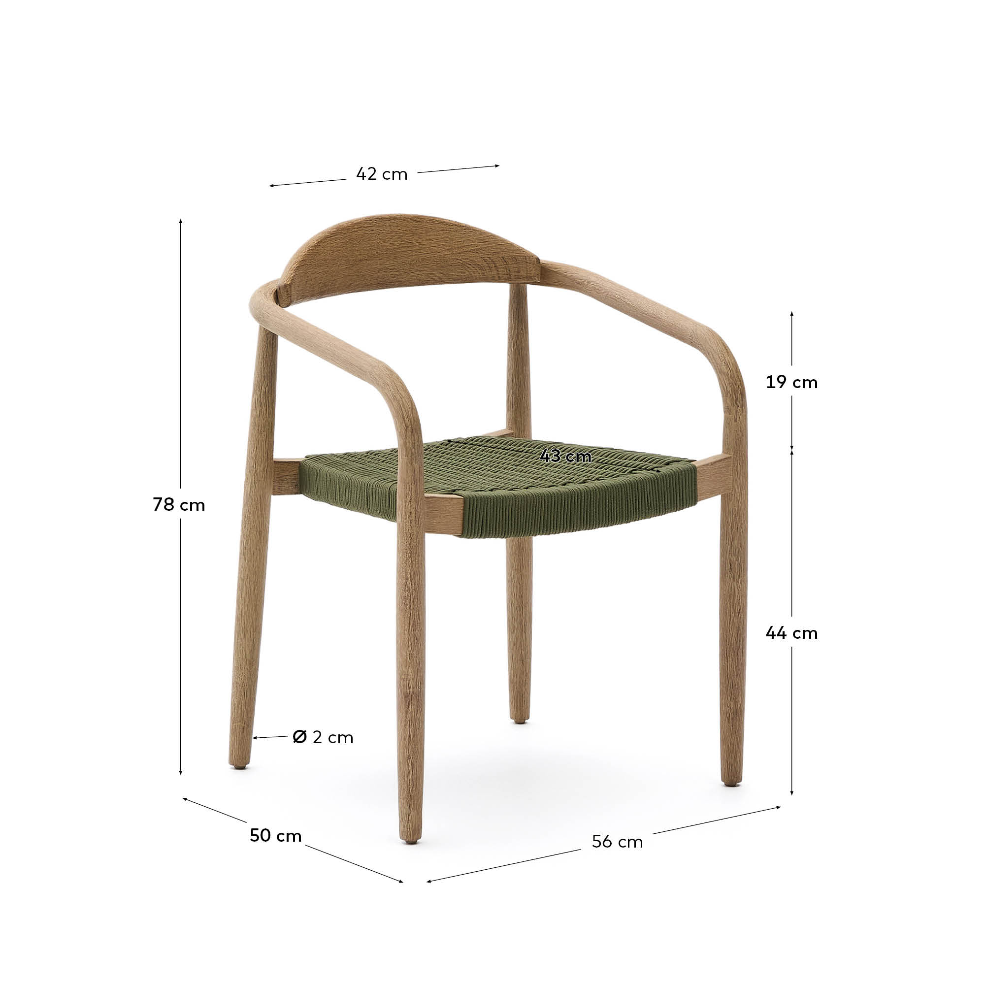 Eleganter, stapelbarer Stuhl aus Akazienholz mit grünem, UV-beständigem Seil – ideal für stilvolle Outdoor-Bereiche.