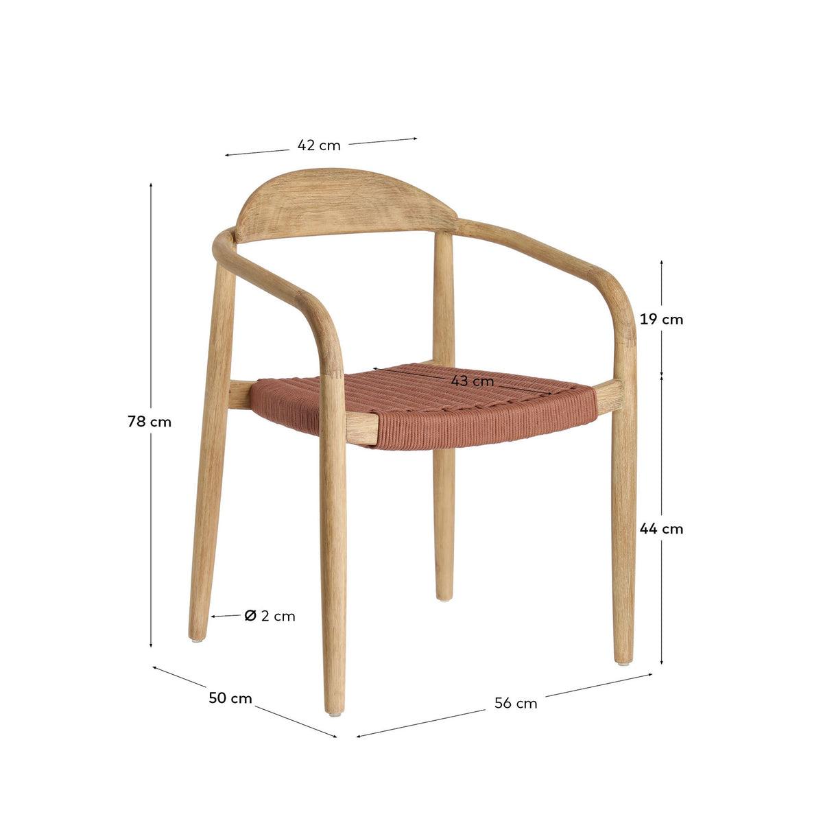 Stapelbarer Stuhl Nina aus massivem Akazienholz und Seil in Terrakotta FSC 100% in Terrakotta präsentiert im Onlineshop von KAQTU Design AG. Gartenstuhl mit Armlehnen ist von Kave Home