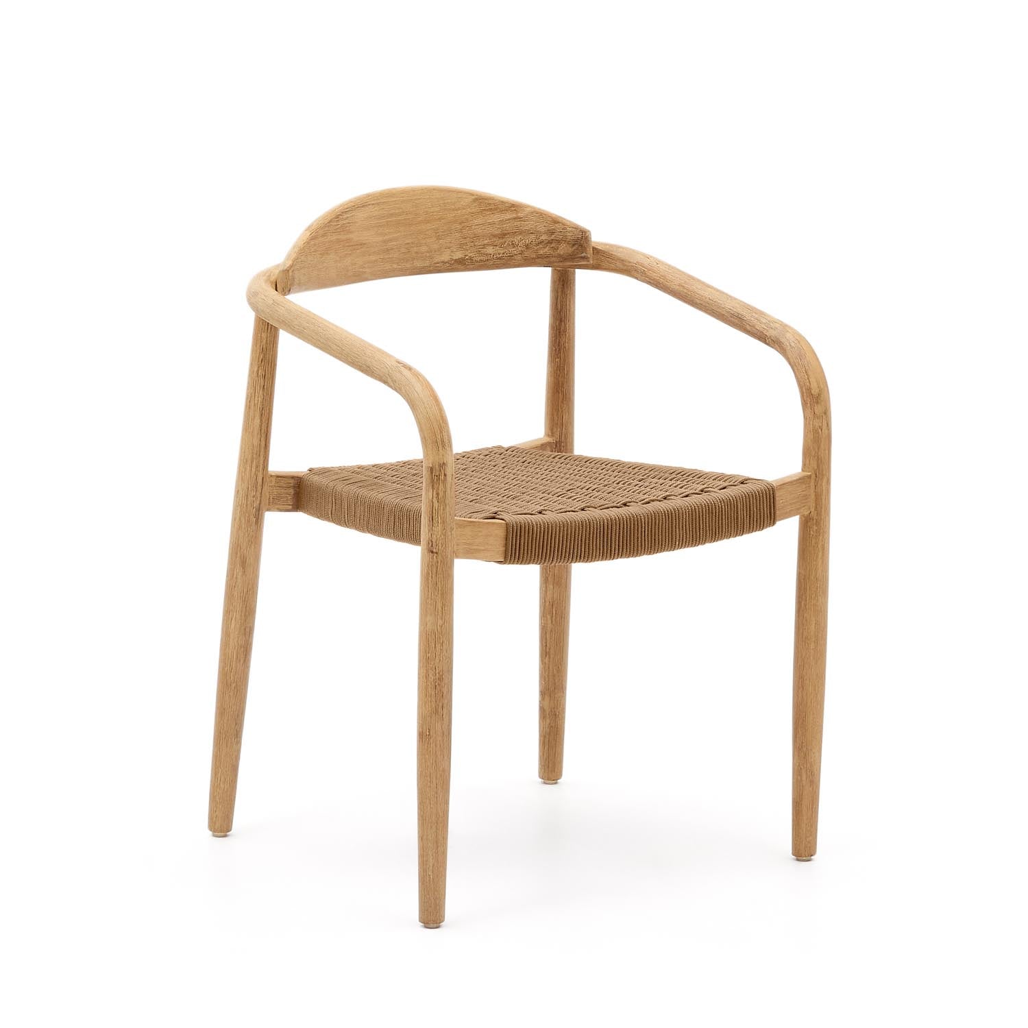 Eleganter, stapelbarer Gartenstuhl aus massivem Akazienholz und beigem Seil. Perfekt für stilvolle Aussenbereiche.