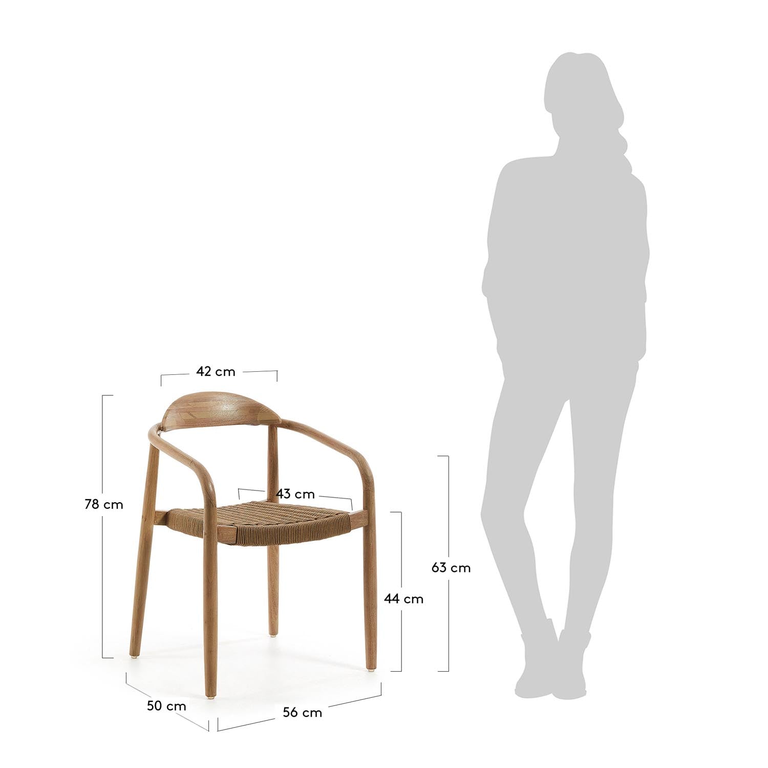 Stilvoller Nina Stuhl aus robustem Akazienholz und beigem Seil, ideal für Garten und Balkon. Stapelbar und nachhaltig, für entspannte Momente im Freien.