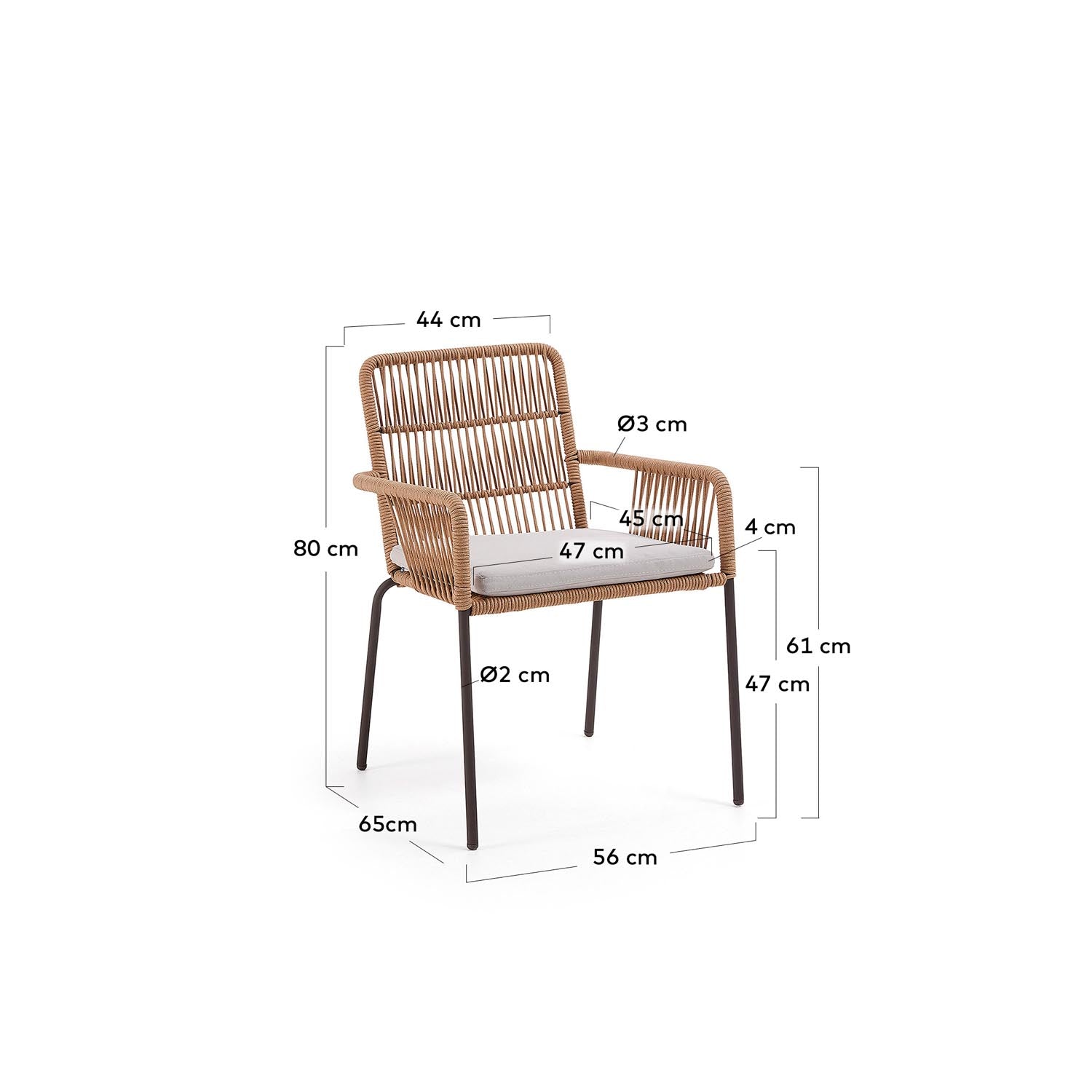 Beige stapelbarer Seilstuhl von Kave Home mit robusten Stahlbeinen. Perfekt für stilvolle Entspannung im Garten oder auf der Terrasse.