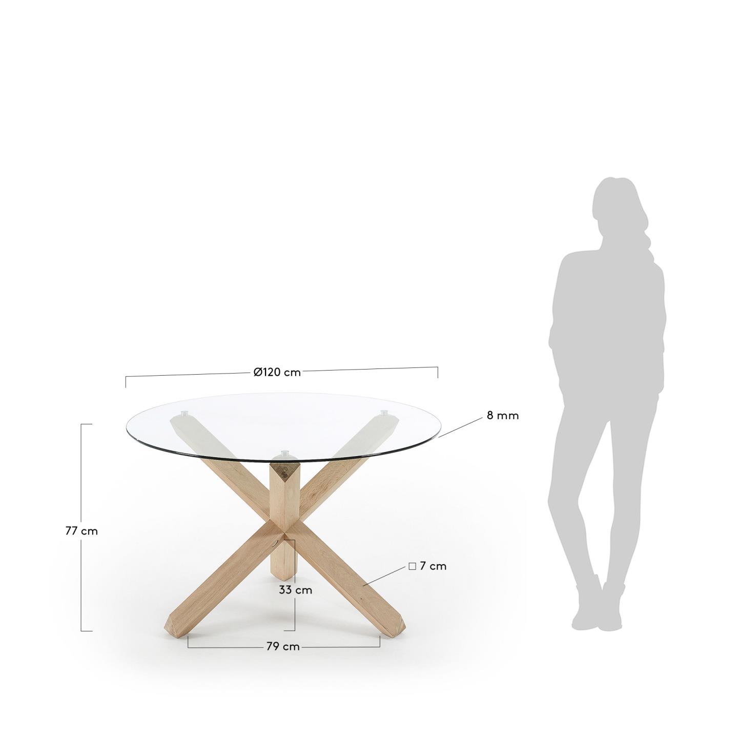 Eleganter runder Tisch mit Glasplatte und massiven Eichenholzbeinen, Ø 120 cm, perfekt für moderne Wohn- und Esszimmer.