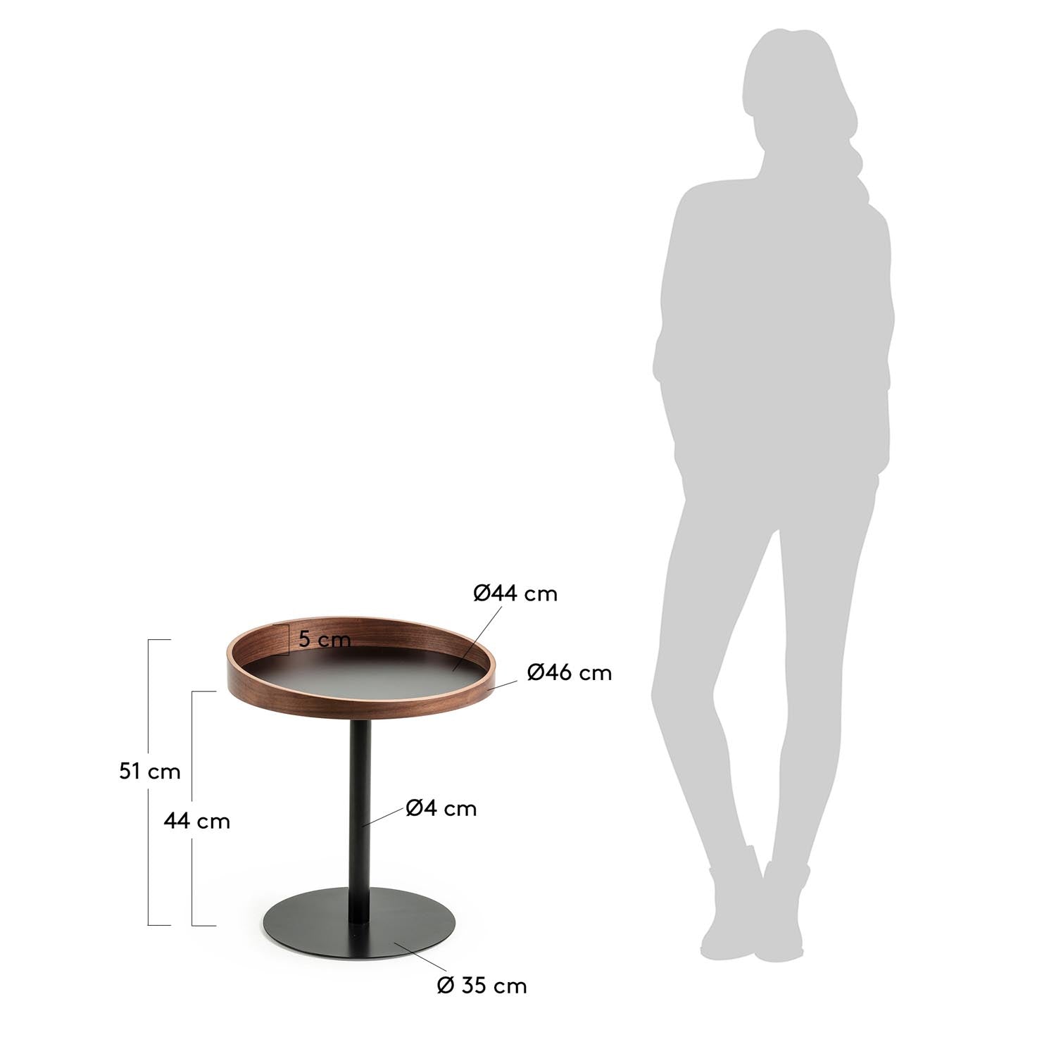 Eleganter Kaori Beistelltisch Ø 46 cm von Kave Home, ideal für kleine Räume. Hochwertiges Walnussfurnier und stabile Metallbeine vereinen Stil und Funktion.