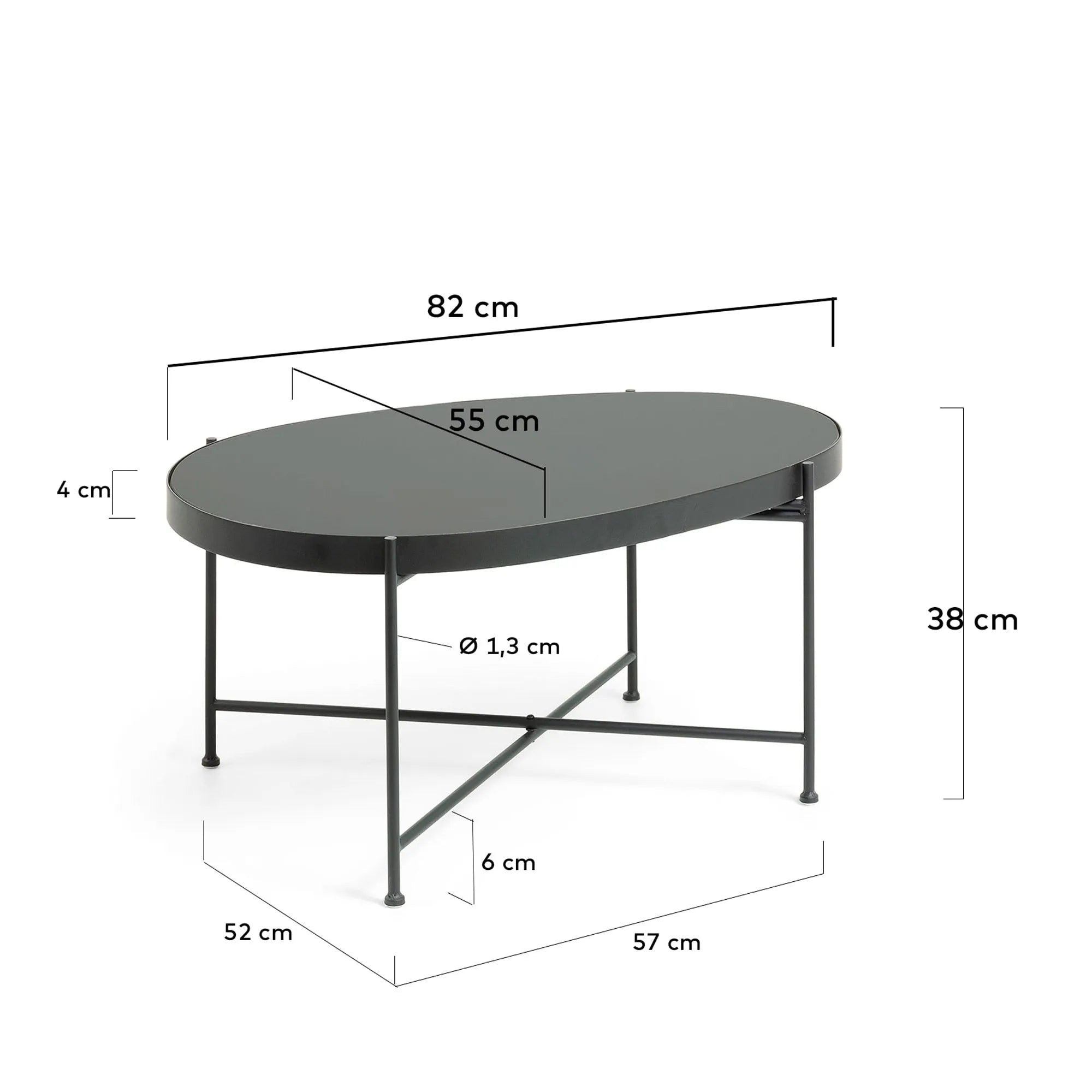 Moderner Couchtisch mit schwarz getöntem Glas und schwarzem Stahlgestell, ideal für stilvolle Wohnräume, Maße: 82 x 55 cm.