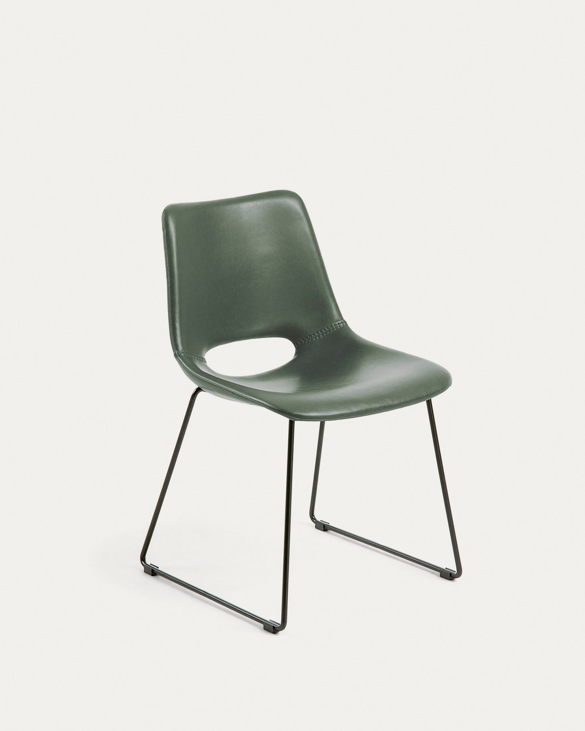 3D-Modell des Zahara Stuhls: Grüner Sitz, schwarze Stahlbeine. Elegant und vielseitig für jeden Raum. AR-kompatibel.